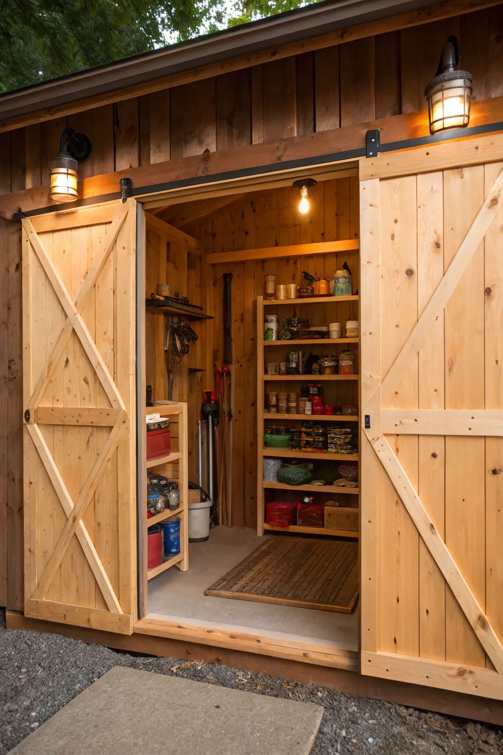 Sliding barn doors add style and function to storage spaces.