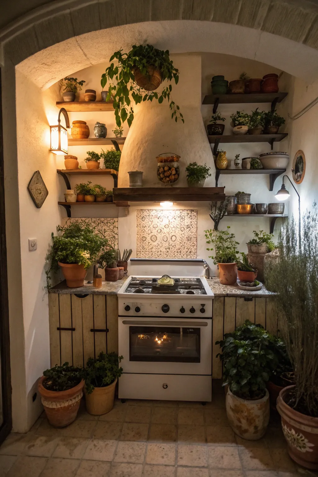 A warm and inviting stove alcove with cozy decor and personal touches, perfect for a homey kitchen.