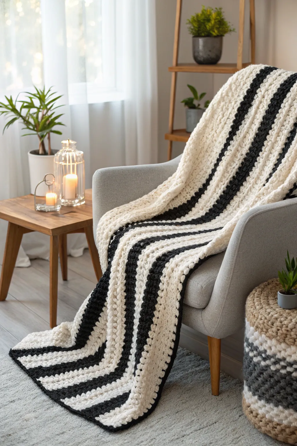 Elevate your space with the timeless elegance of black and white stripes—a perfect blend of modern simplicity and vintage charm.