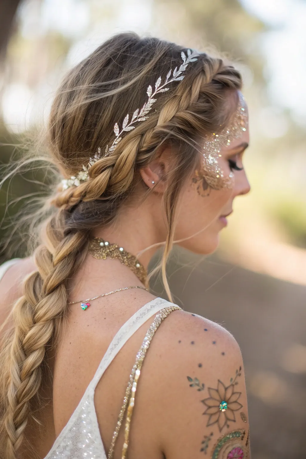 Embrace your inner Festival Glitter Goddess with shimmering braids and metallic tattoos. Shine on!