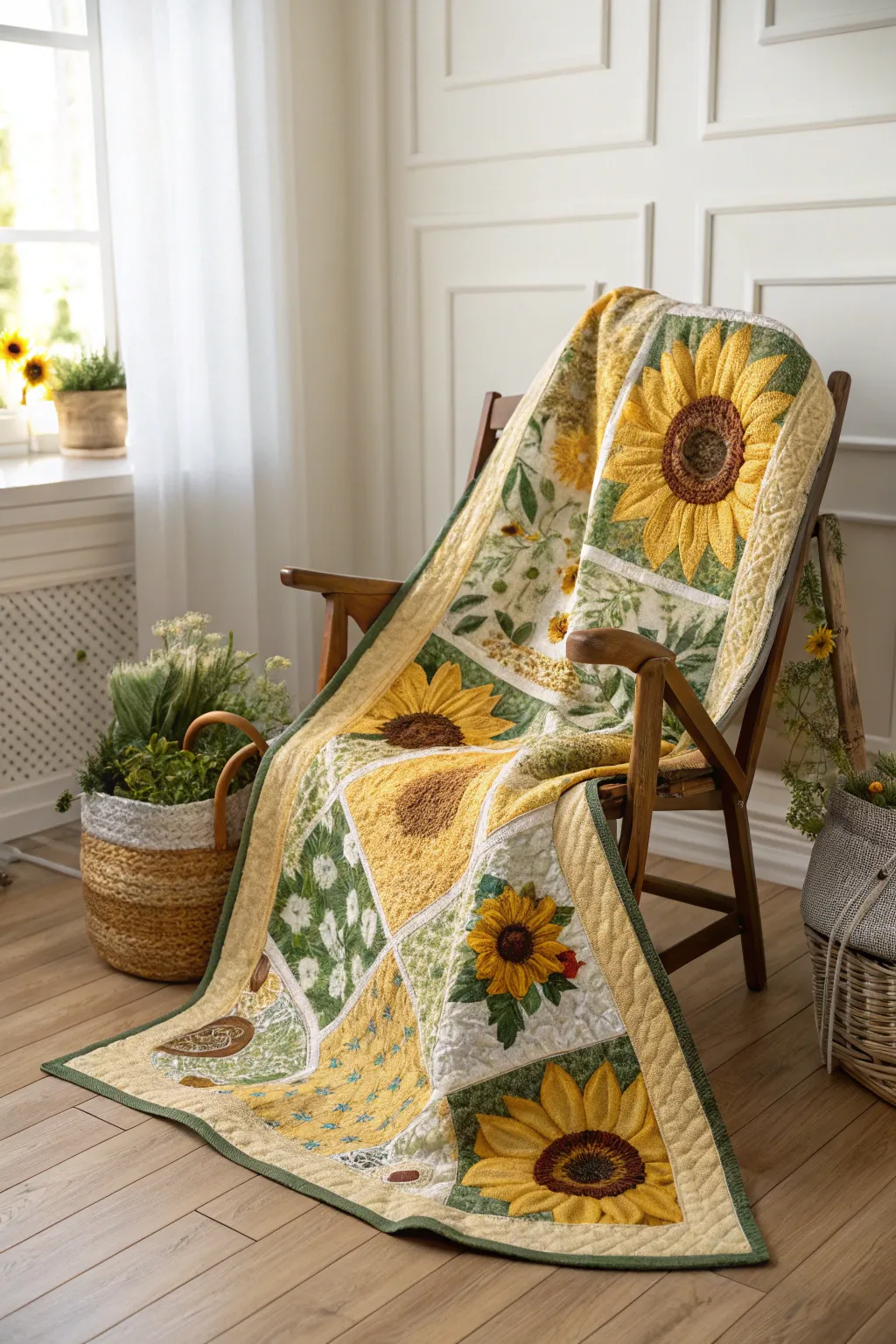 Wrap yourself in the warmth of handcrafted beauty with this sunflower patchwork quilt, a blend of simplicity and elegance.