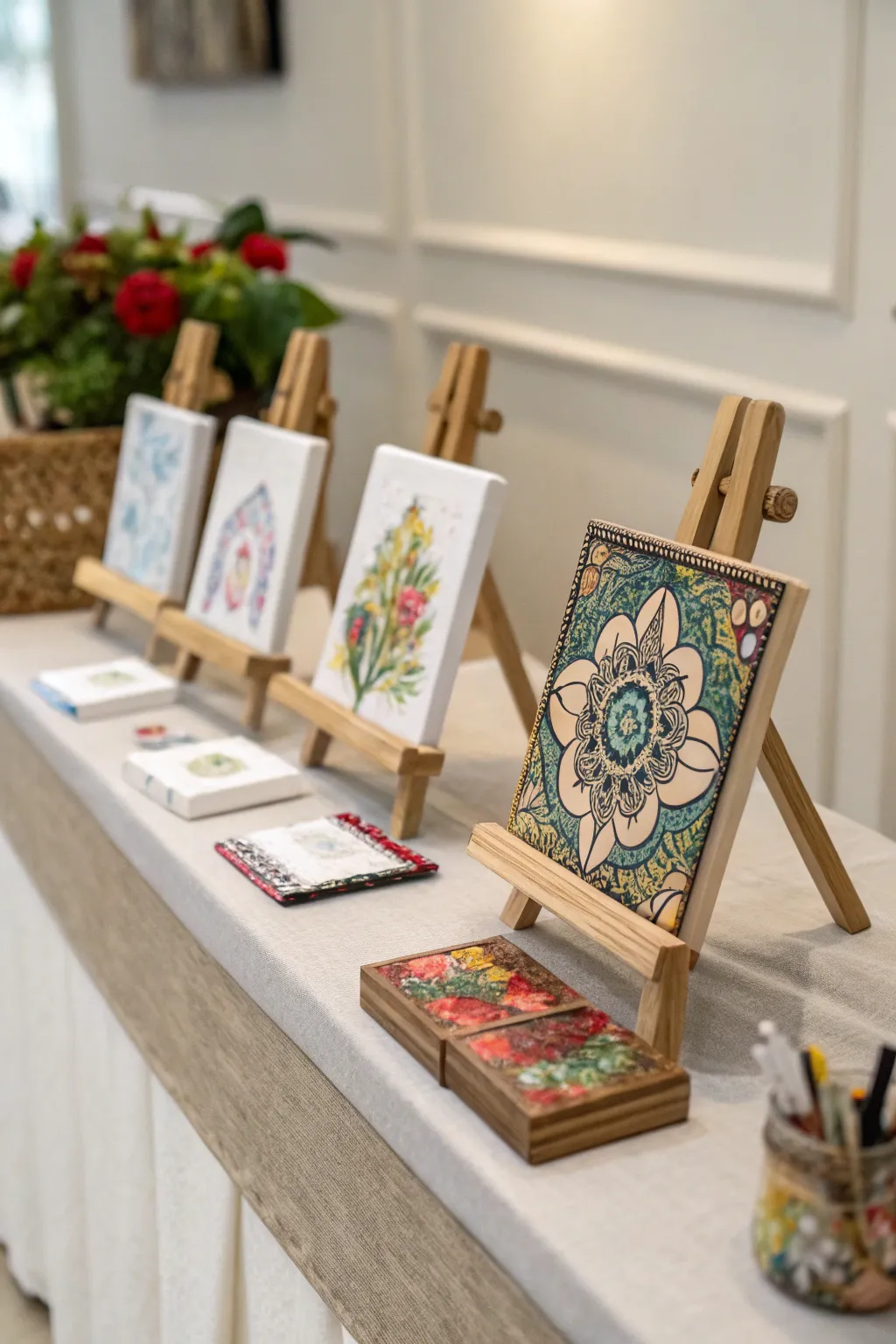Miniature art easels for showcasing tiny masterpieces.