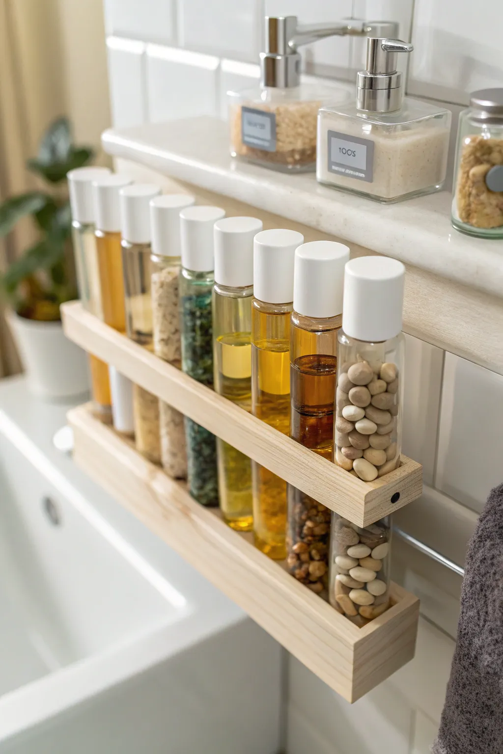 Create a soothing bathroom atmosphere with aromatic test tube displays.
