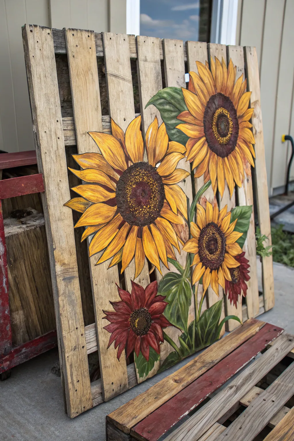 Capture the warmth of summer with handcrafted sunflower pallet art.