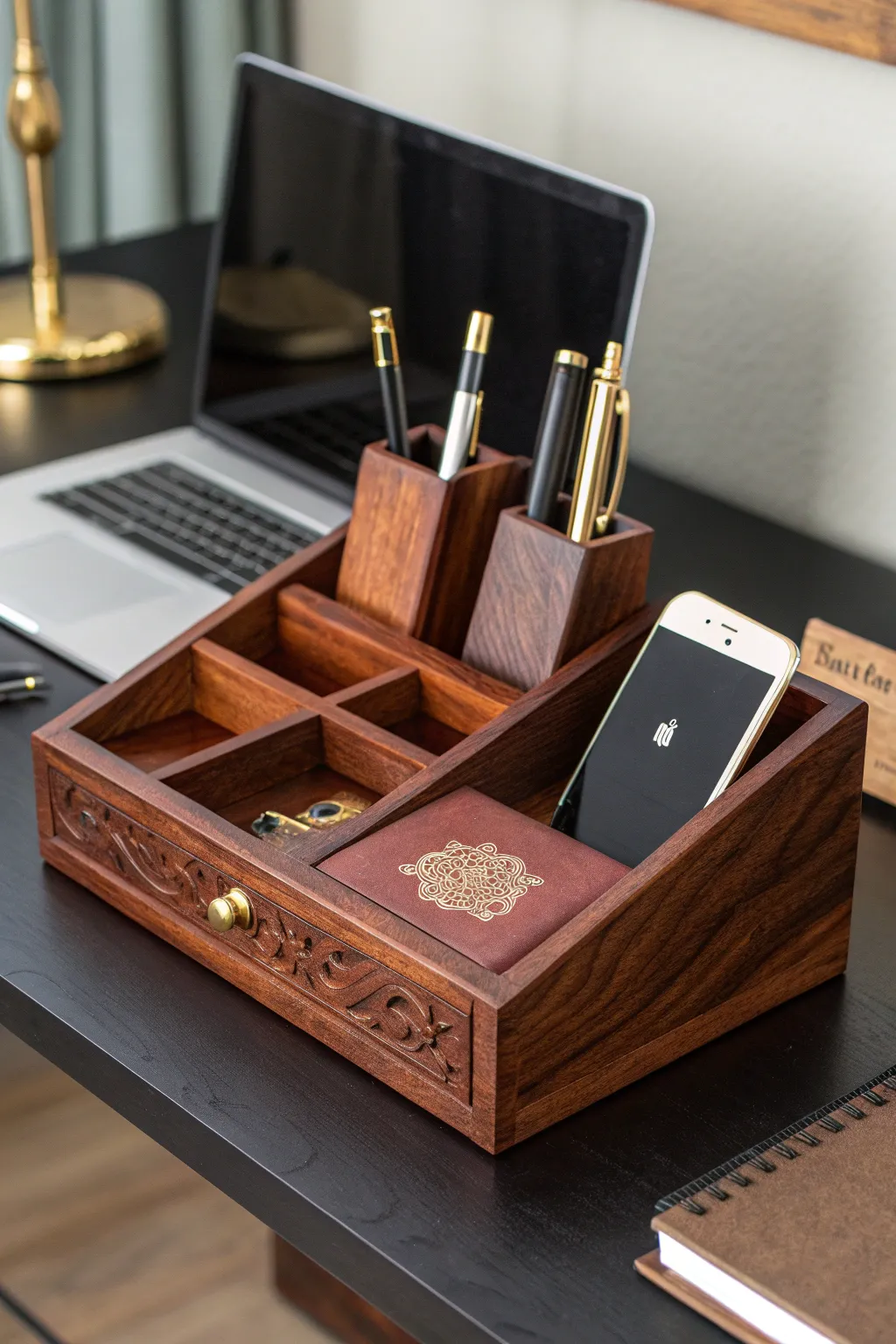 Elevate your workspace with a handcrafted wooden desk organizer—where style meets function.
