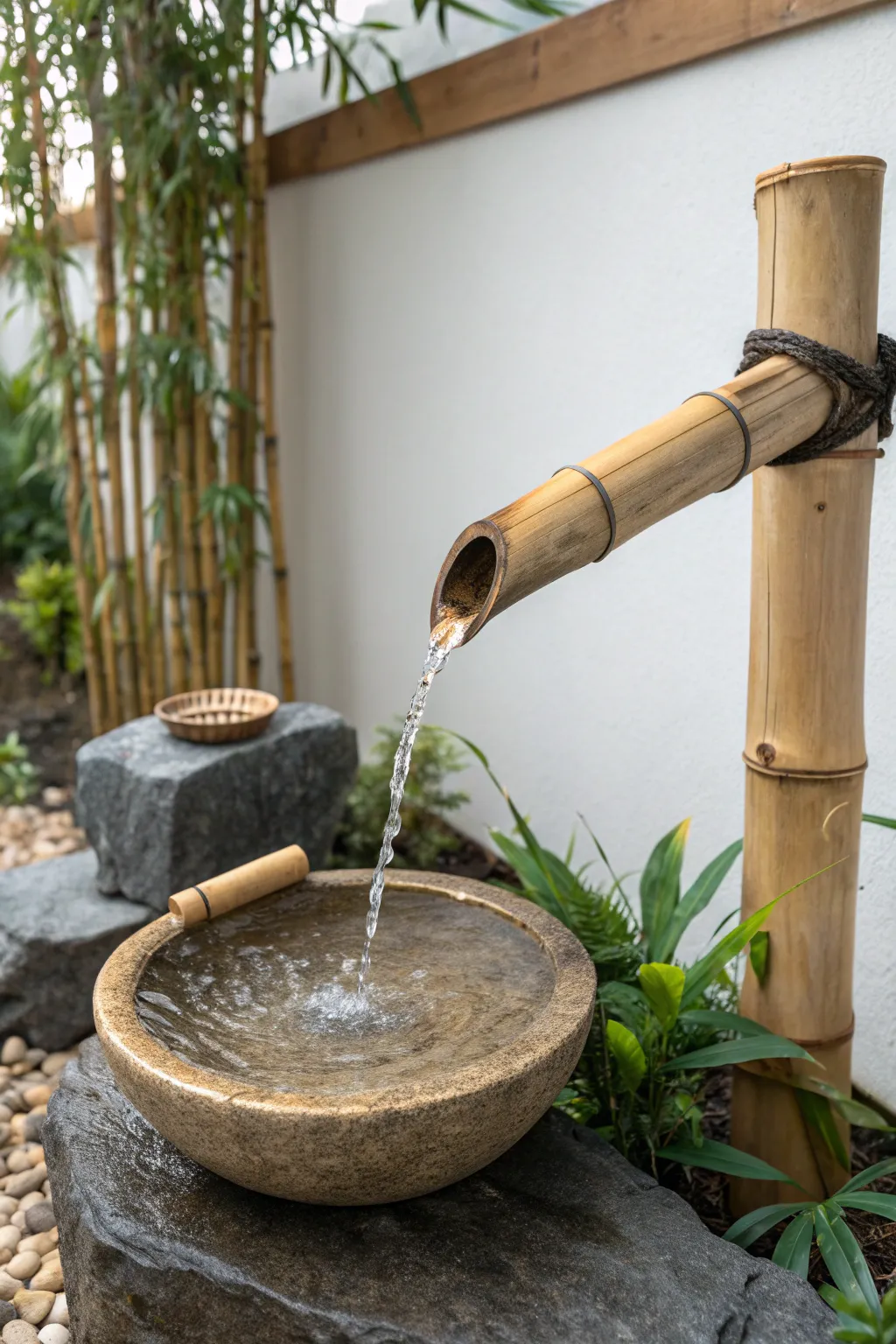 Embrace serenity with a bamboo water feature that brings the soothing sound of nature to your garden sanctuary.