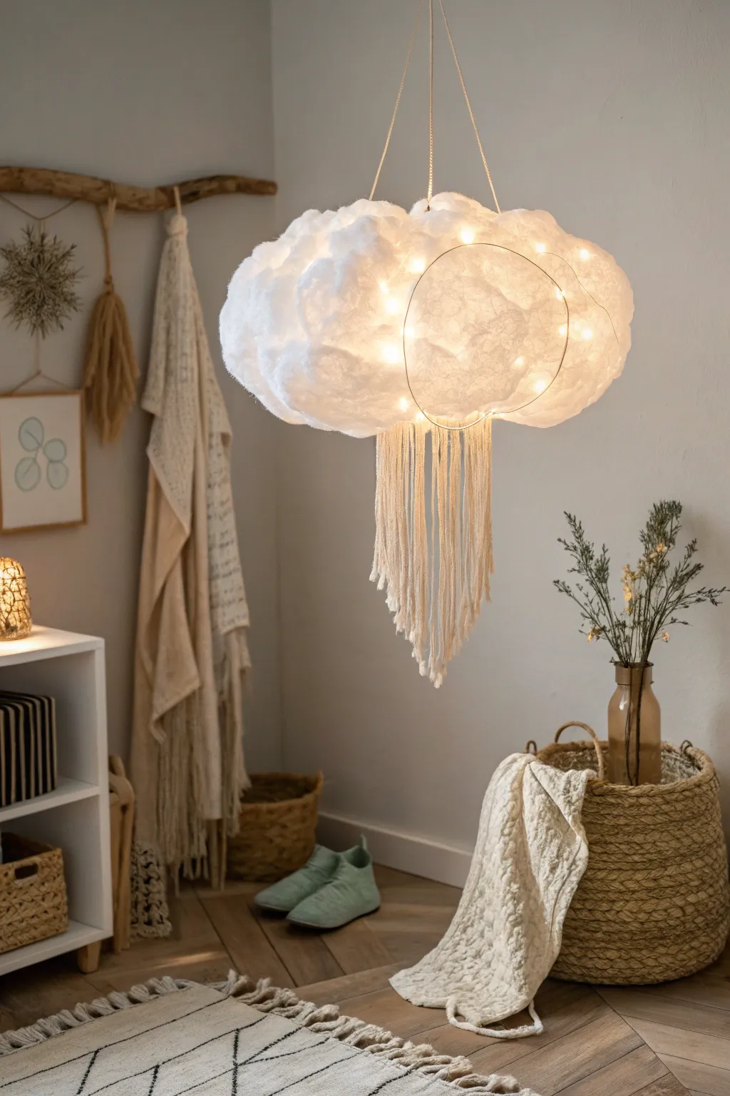 Illuminate your space with a personal storm cloud – the perfect blend of minimalist elegance and Boho charm. #ThundercloudLampshade #ScandiBoho #HomeDecorInspiration