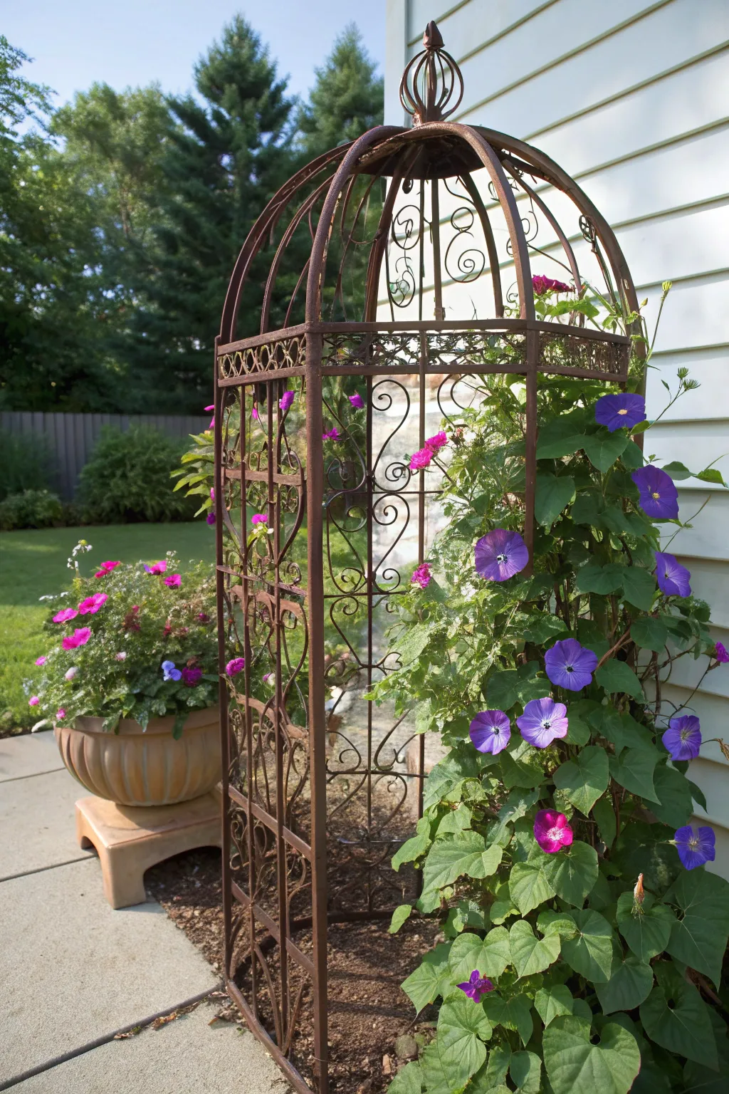 Reimagining Functionality: A Rustic Trellis Blooms with Morning Glory.