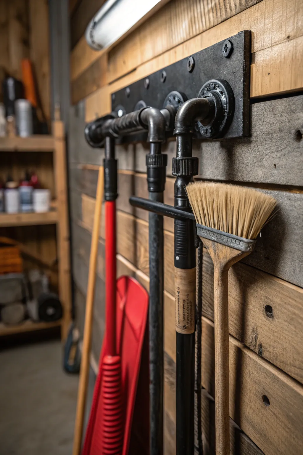 Transform your space with industrial-chic pipe holders for impeccable tool organization.