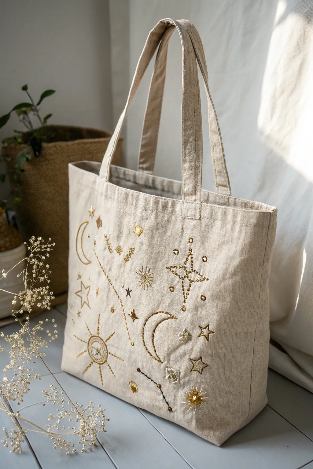 Embrace the cosmos with this enchanting celestial tote—your perfect companion for stargazing nights.