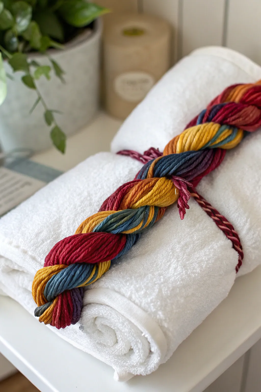 Add a splash of color and creativity to your space with a vibrant yarn-wrapped towel tie-back, where simplicity meets artistic flair.