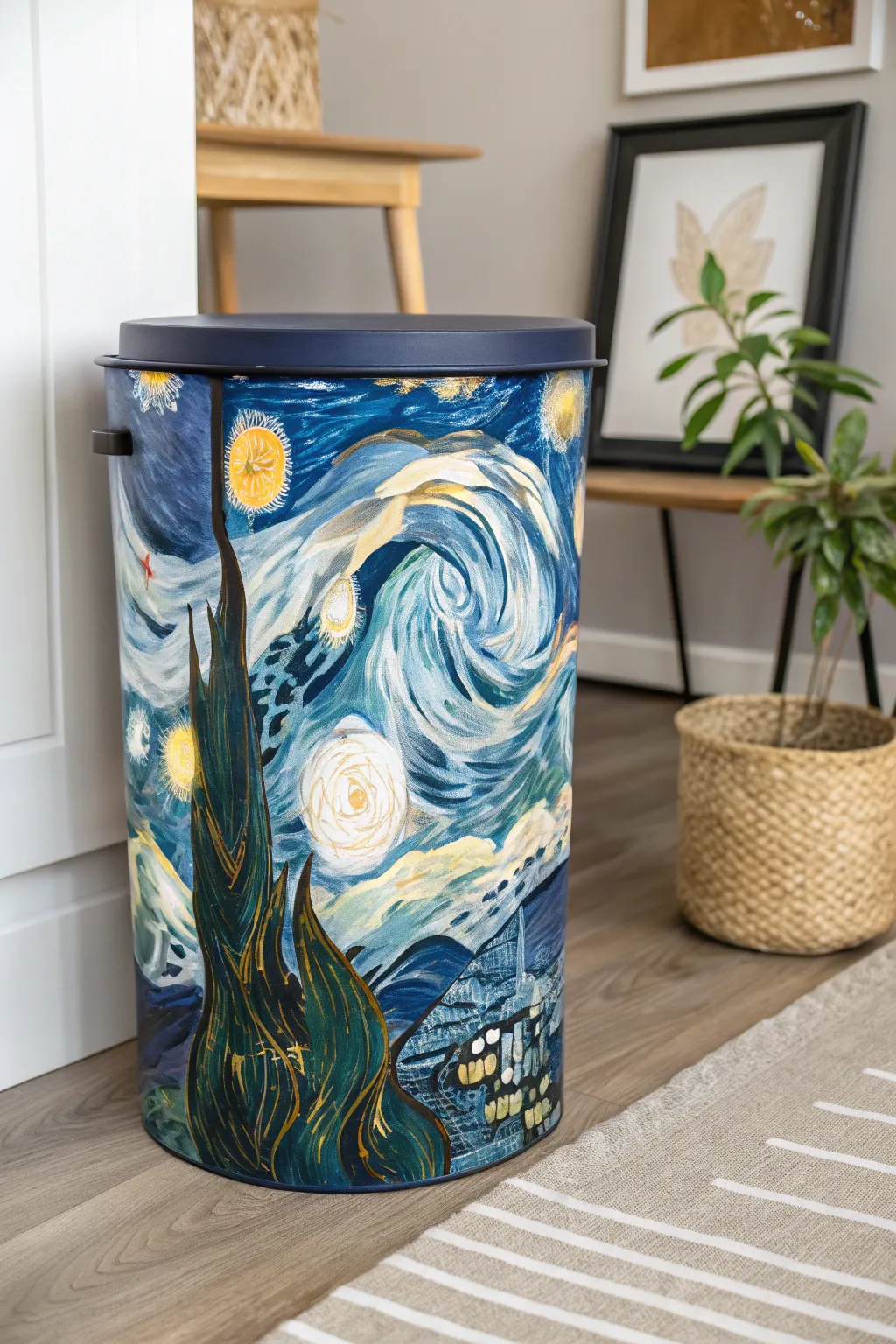 Transform your trash can into a masterpiece with a touch of Van Gogh magic.