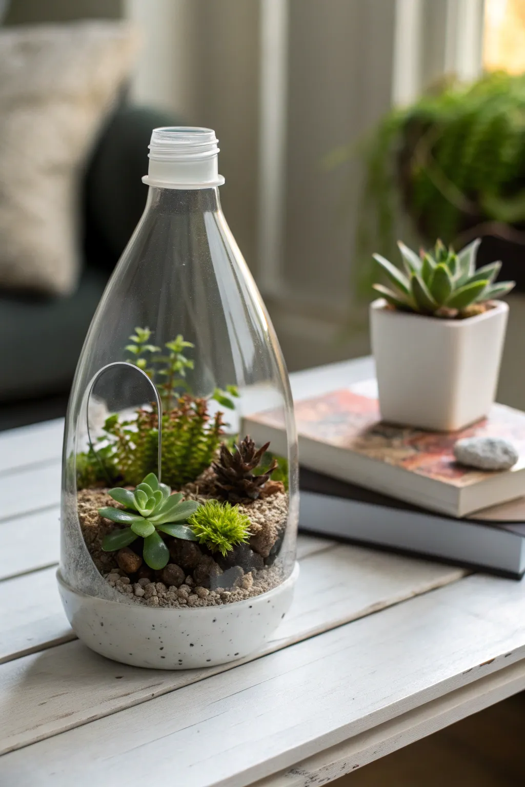 From trash to treasure: elevate your desk with a chic plastic bottle terrarium!
