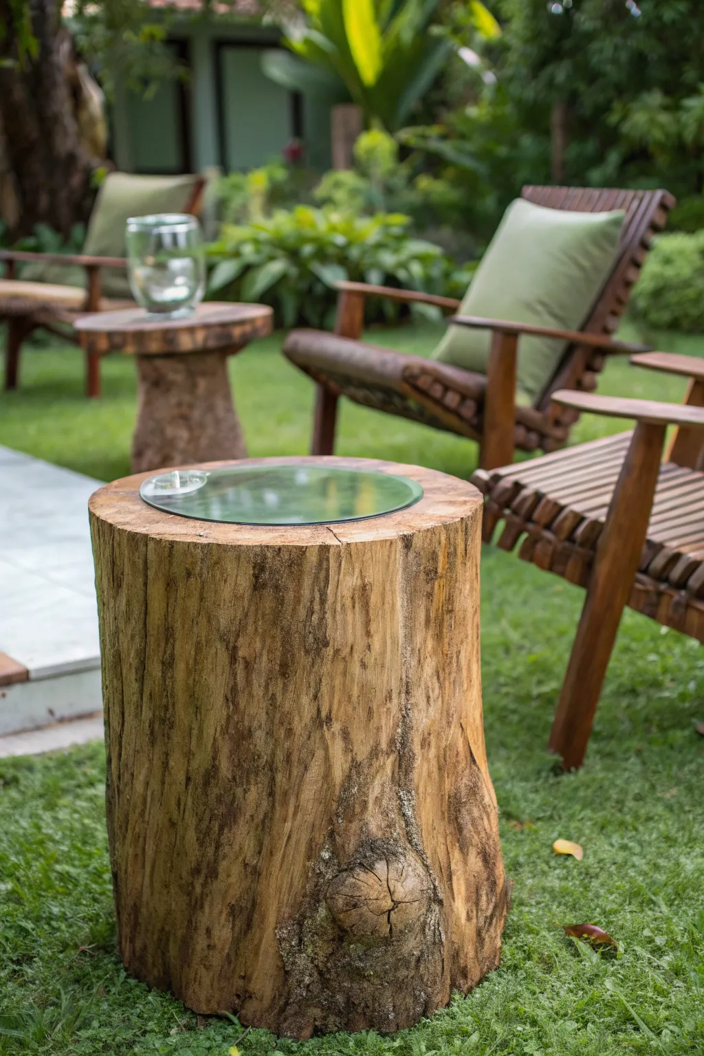 Elevate your garden space with a rustic yet modern tree stump side table. Perfect fusion of nature and style.