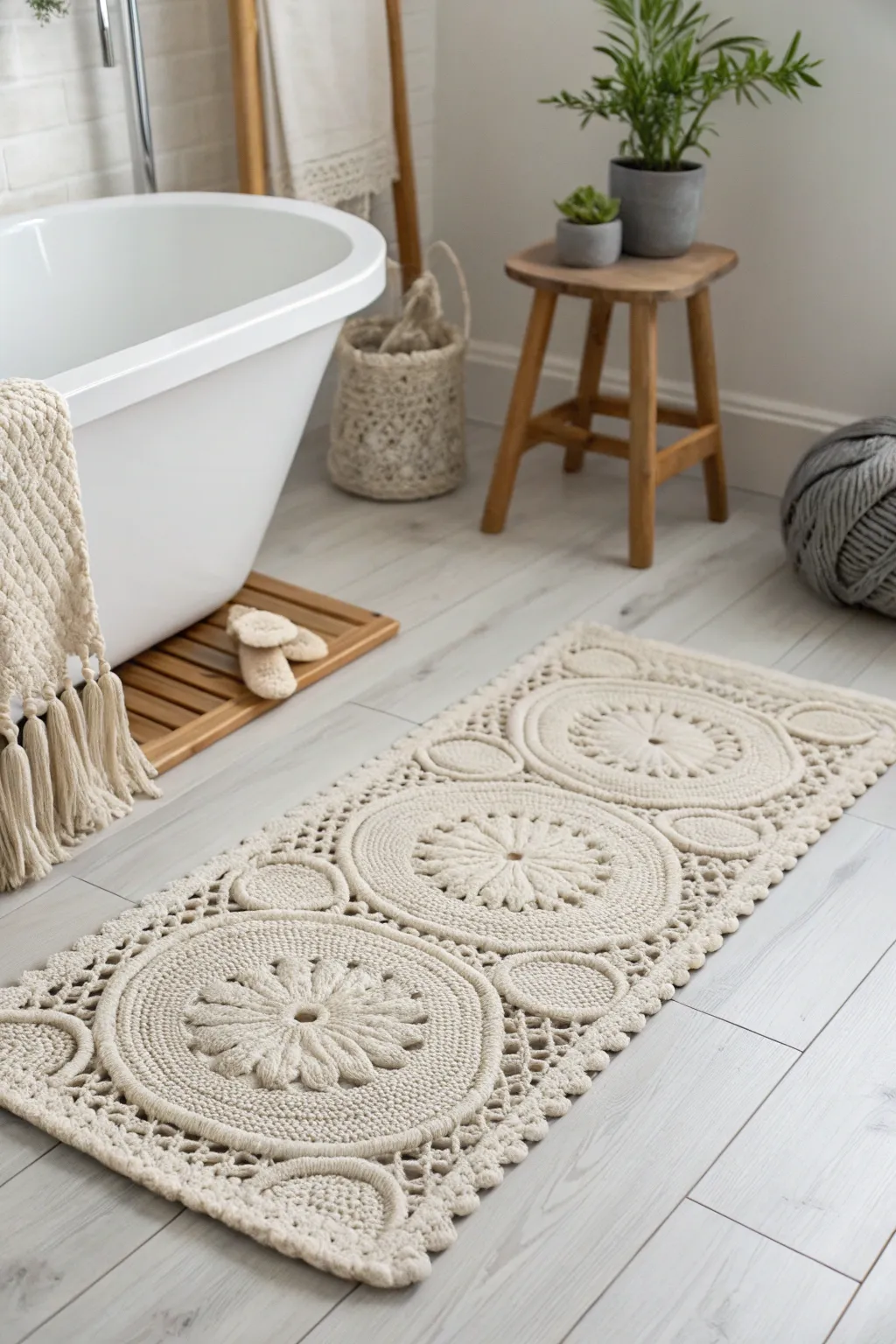 Step into luxury with this handcrafted crochet bath mat – a perfect blend of comfort and style for your bathroom retreat.