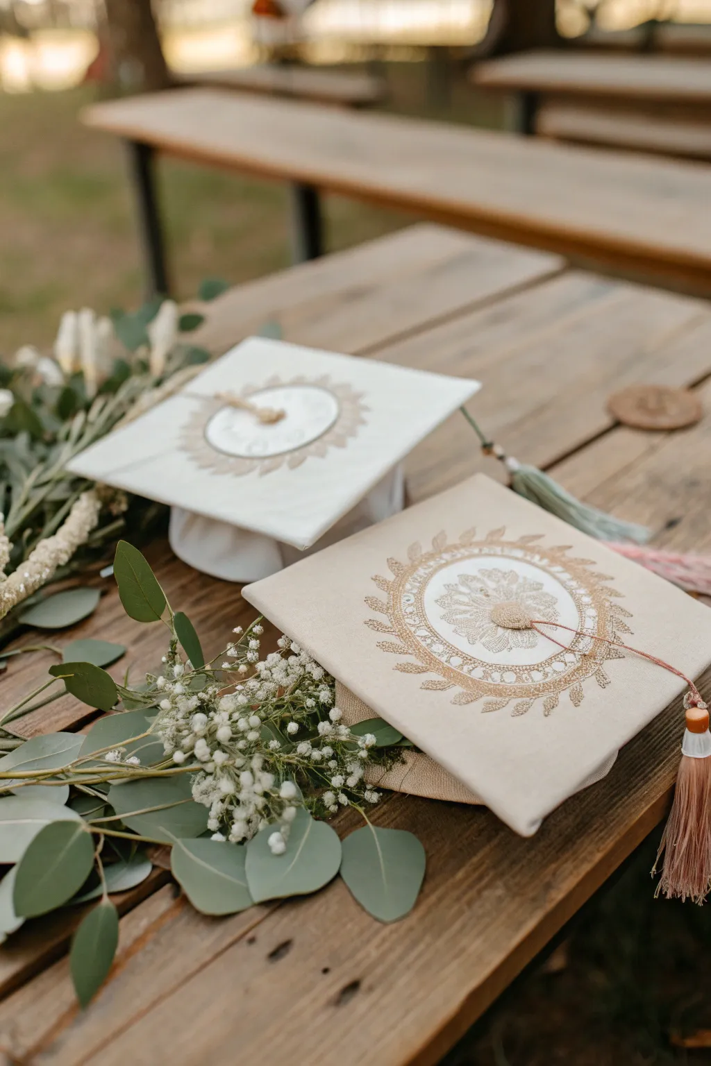 Celebrating twin achievements with mirror image caps, where simplicity meets artistry.
