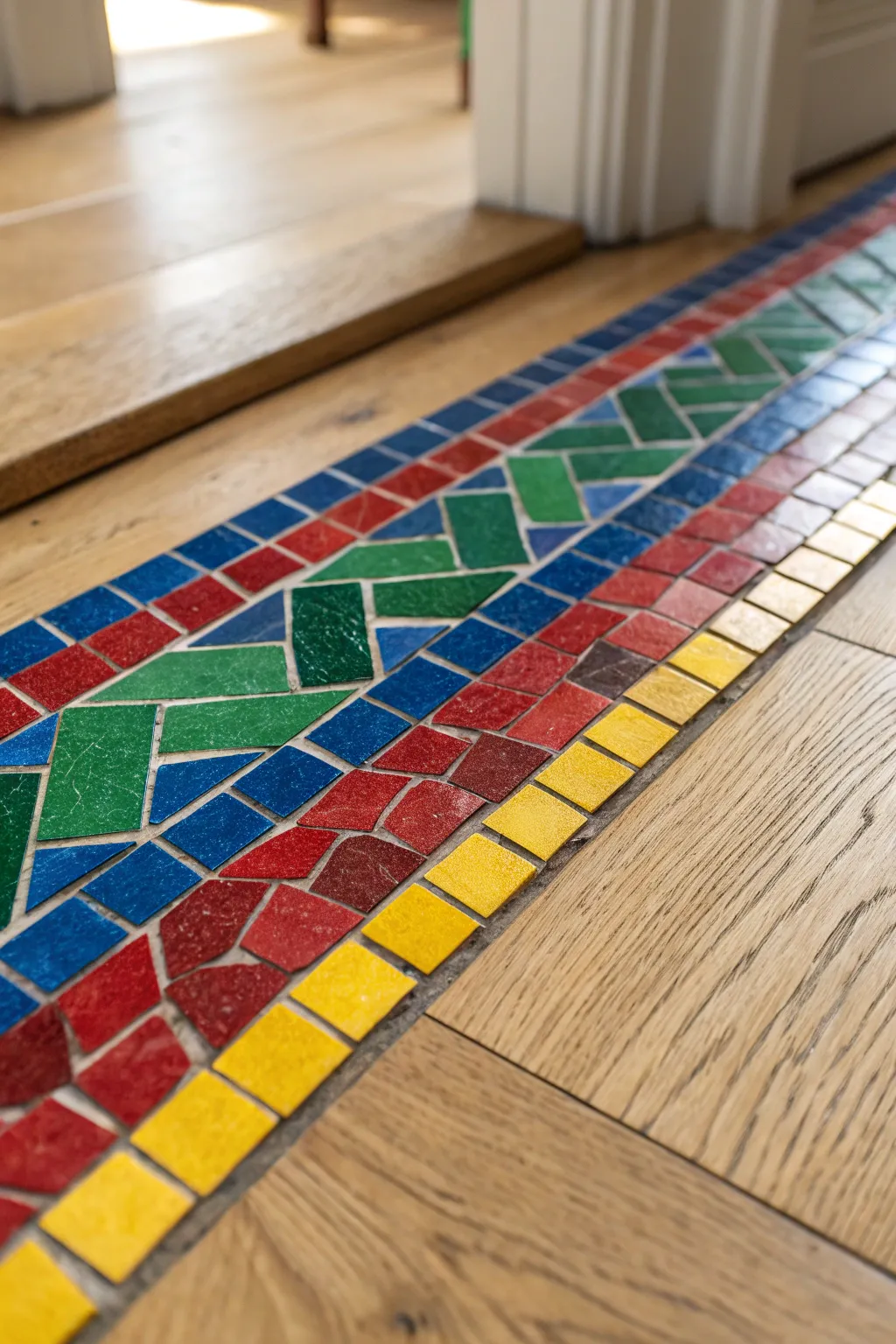 Elevate your space with stunning mosaic floor transitions.