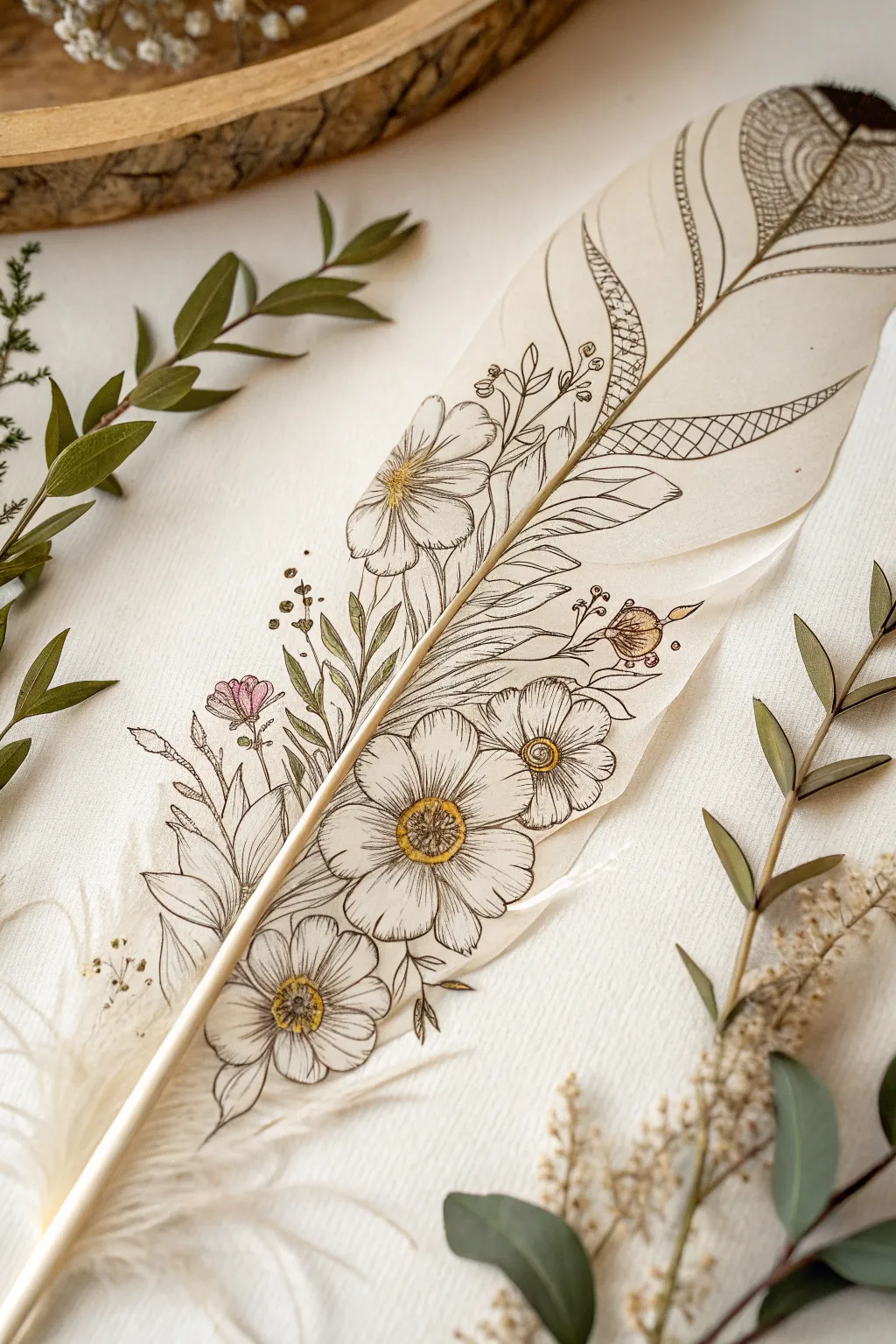 Embrace the harmony of nature with this exquisite floral feather design.