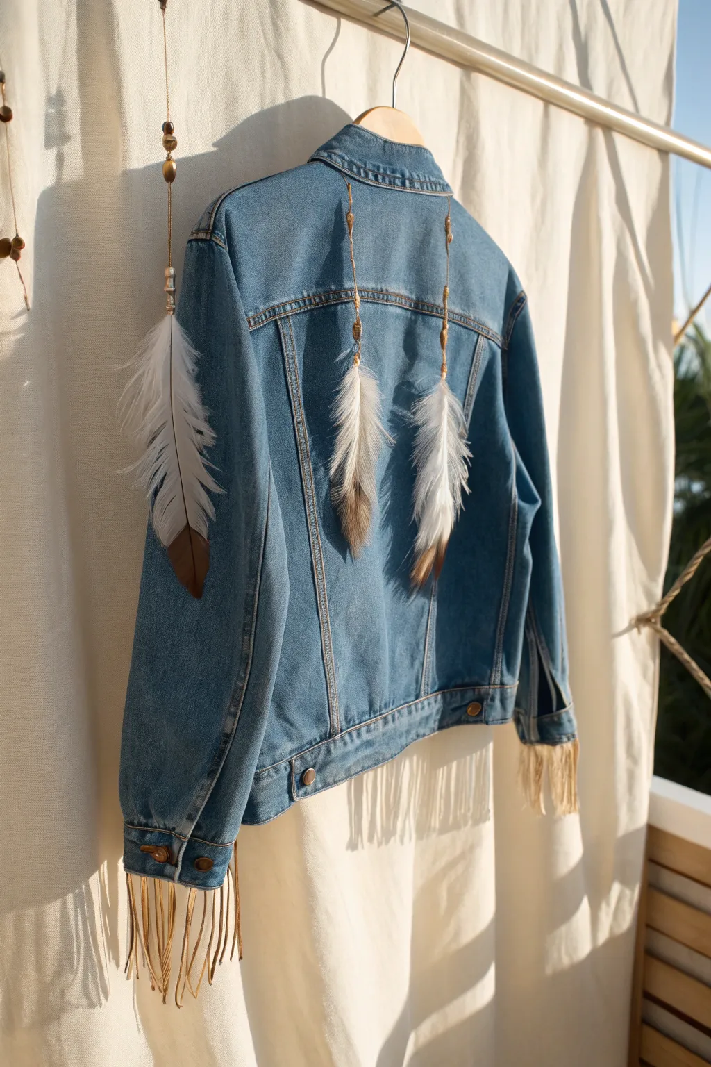 Whimsical Denim: Elevate your jacket with playful, handcrafted feathers.