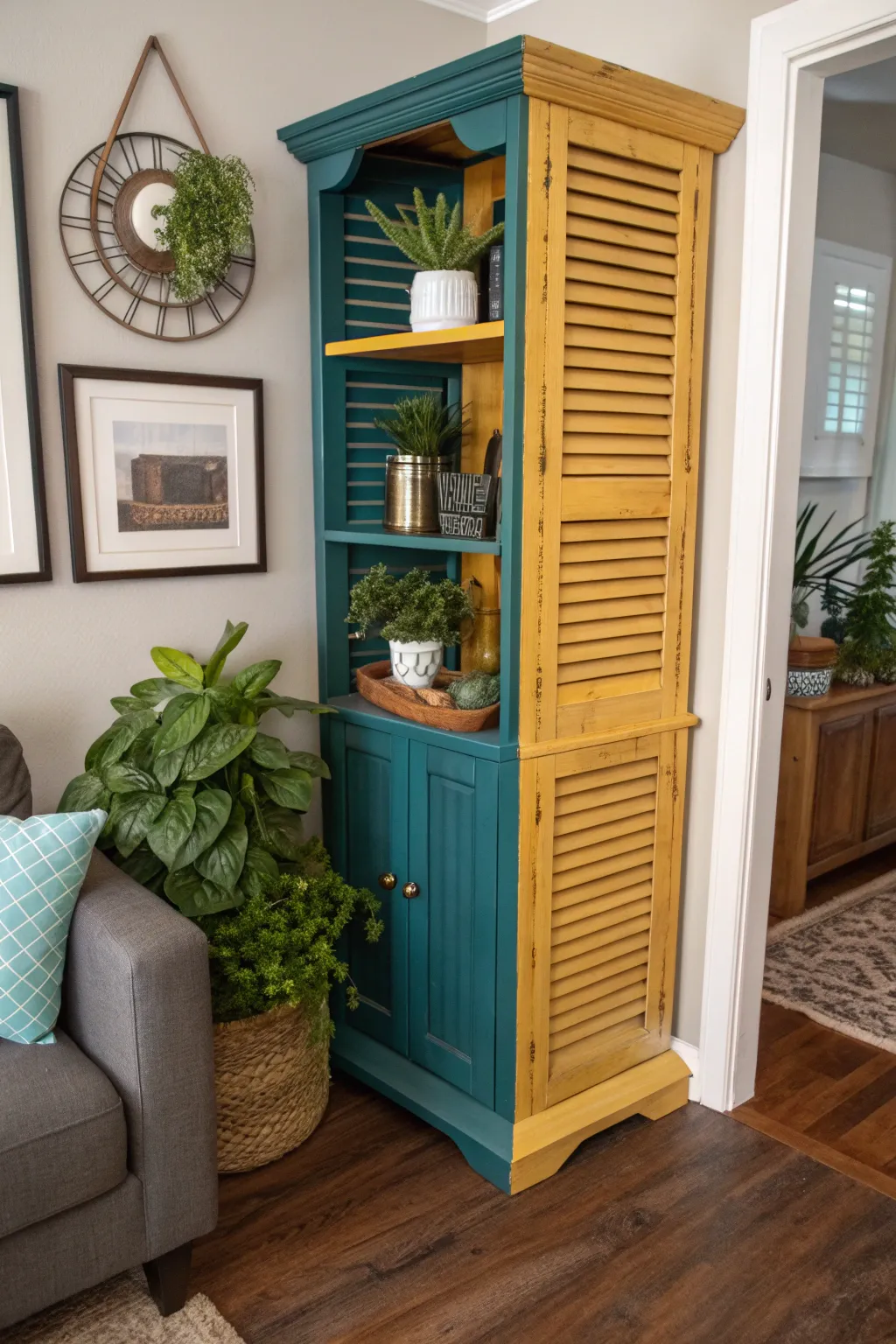 Transform your space with this handcrafted upcycled louvered door shelf—where style meets sustainability.