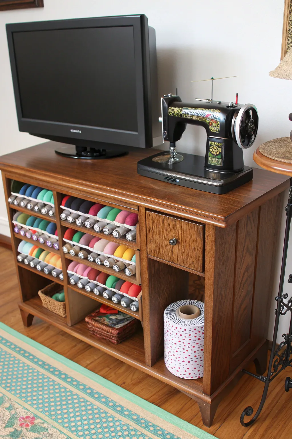 Transform your TV stand into a vibrant sewing station and celebrate the art of upcycling with style.