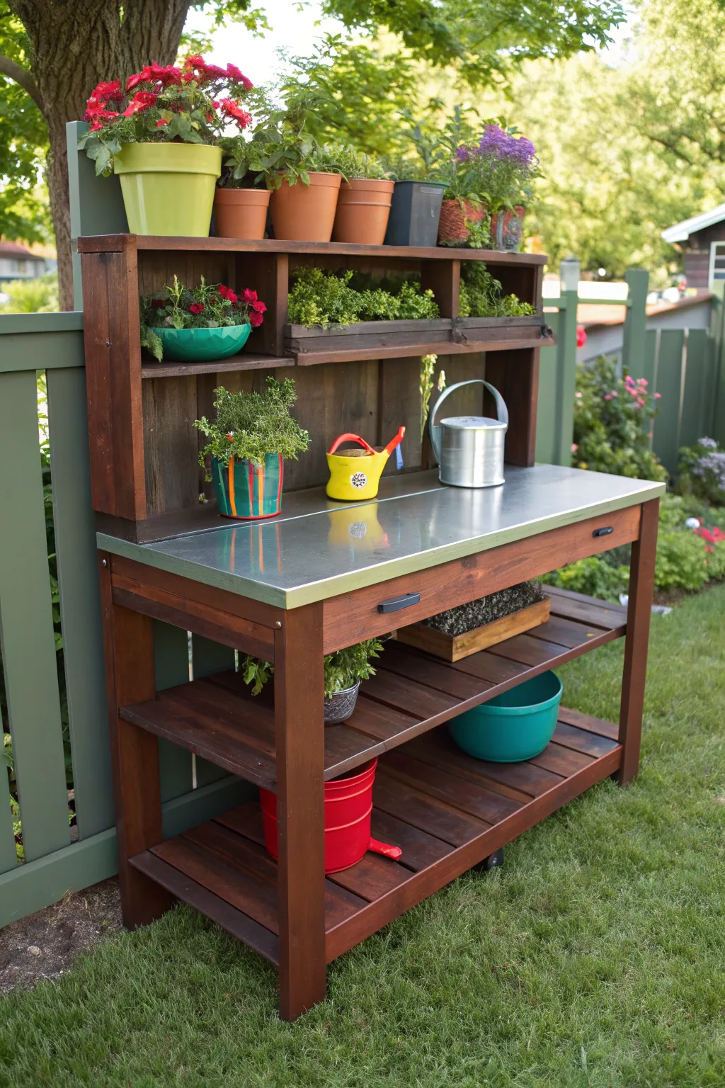 Elevate your garden space with a stylish upcycled bookshelf potting bench, where creativity meets craftsmanship.