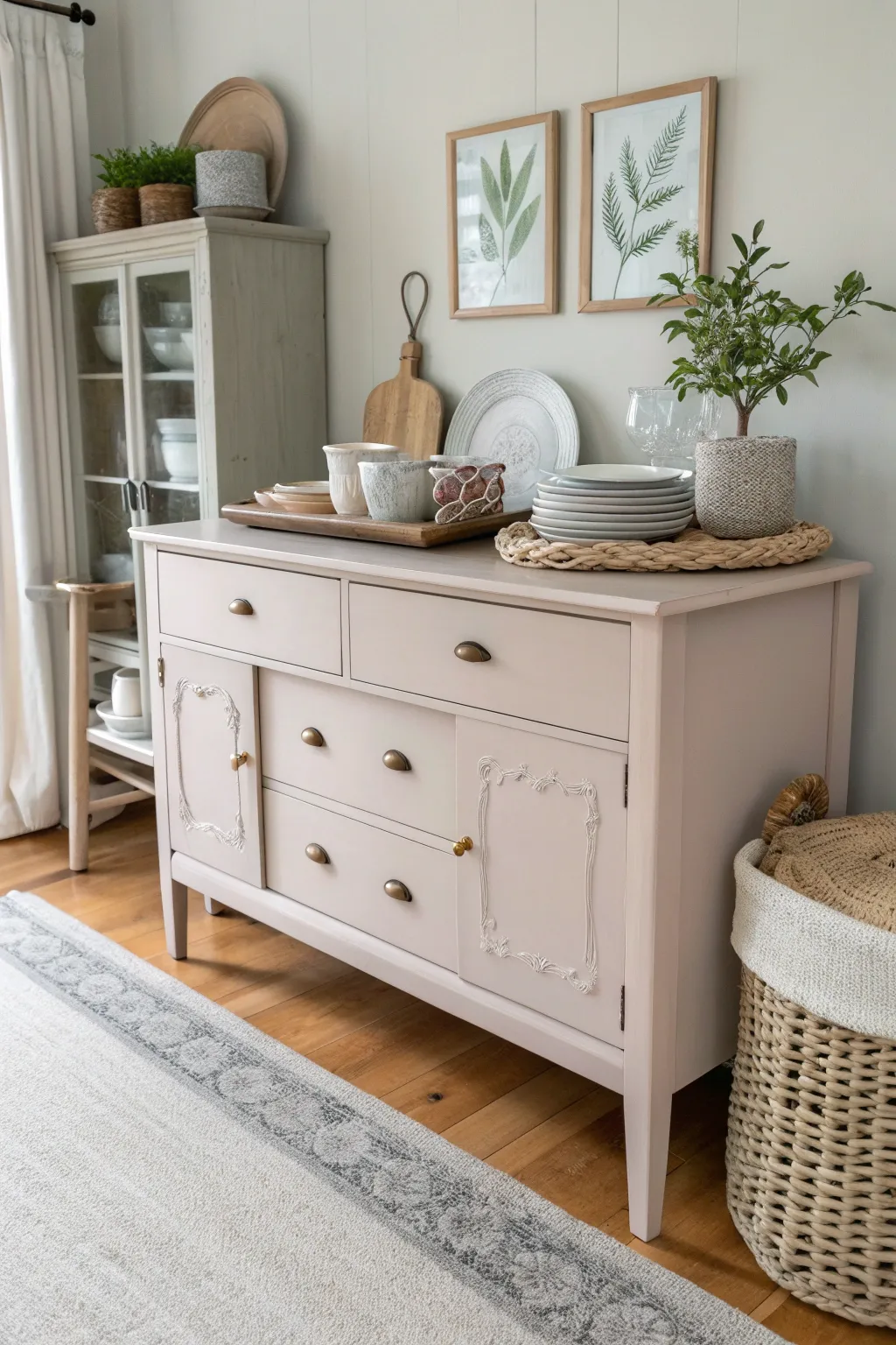 Elevate your dining experience with this elegant upcycled dresser turned buffet table, where simplicity meets natural beauty.