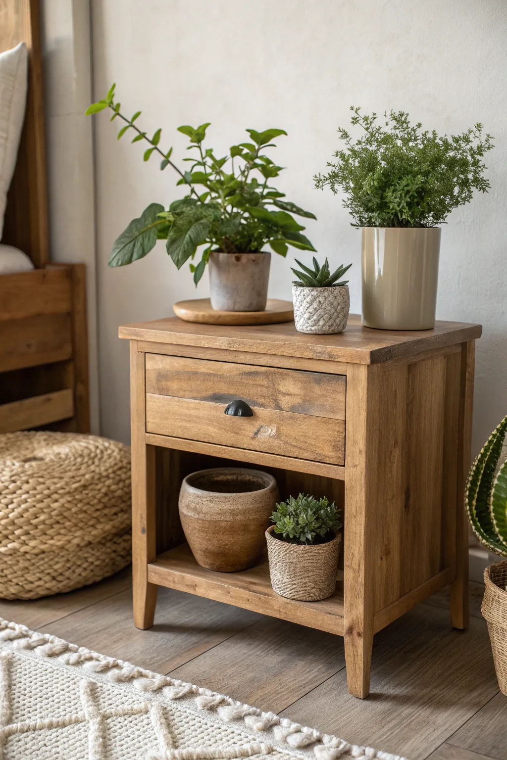 Transform your bedroom into a Plant Paradise with a touch of greenery on a handcrafted nightstand.