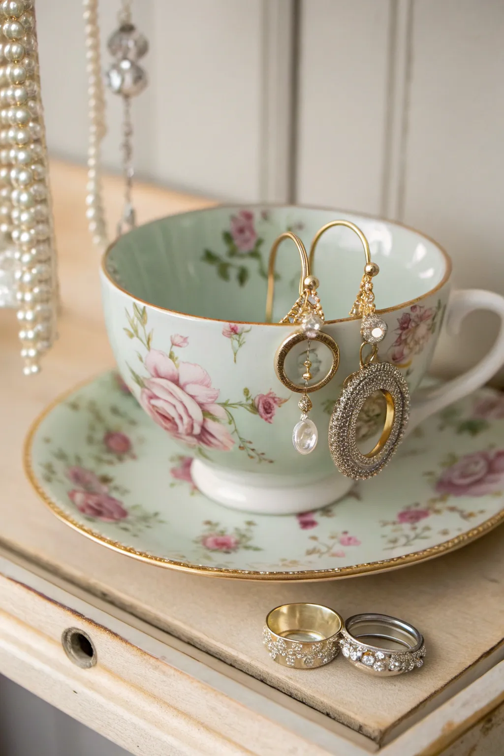Transform elegance with an upcycled teacup jewelry organizer—a perfect blend of simplicity and charm!