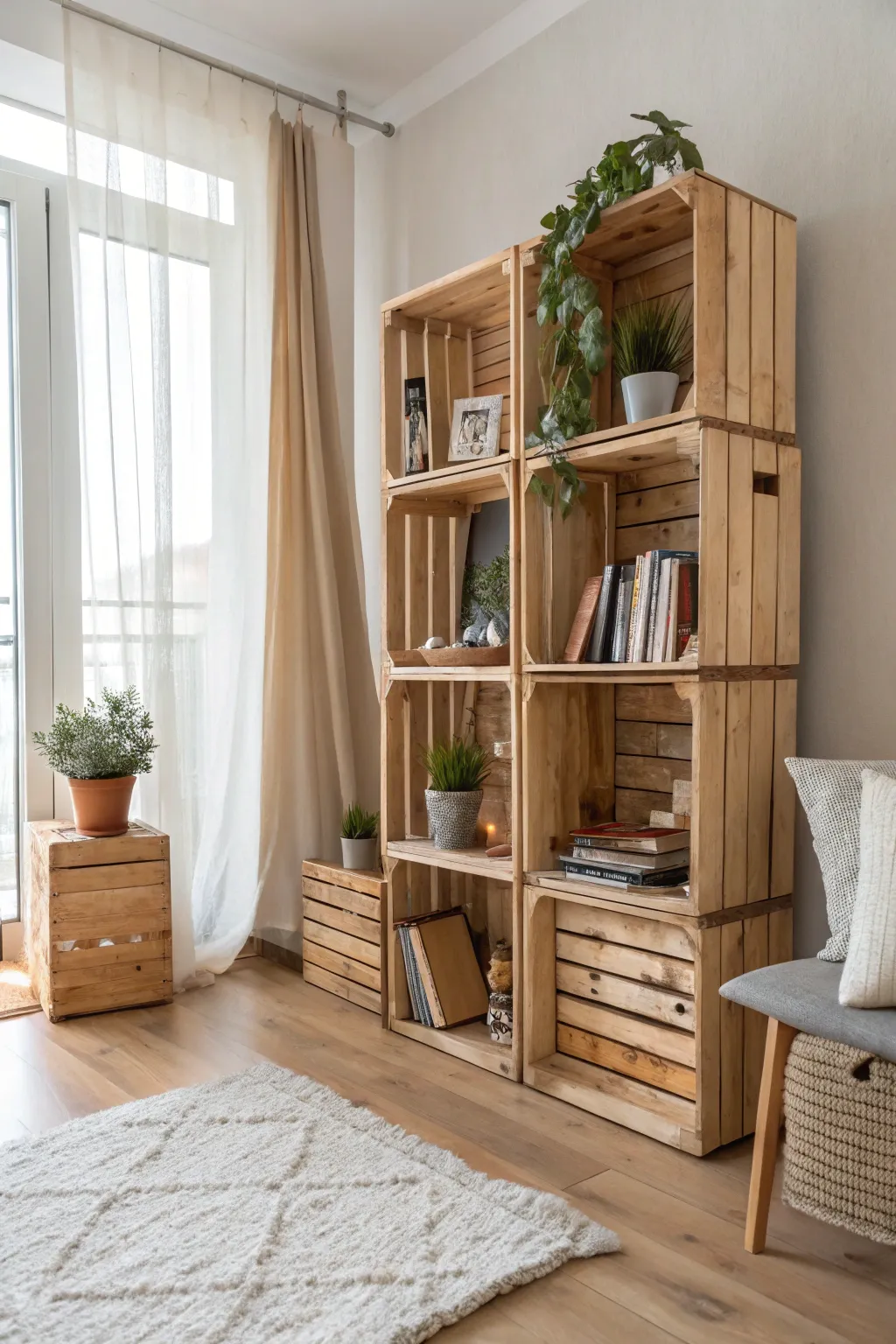 Transform wooden crates into a chic, rustic bookshelf for a touch of minimalist charm in your home.
