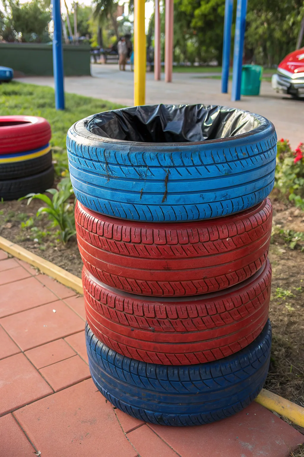 Transform old tires into a bold and durable trash bin for your next outdoor event!