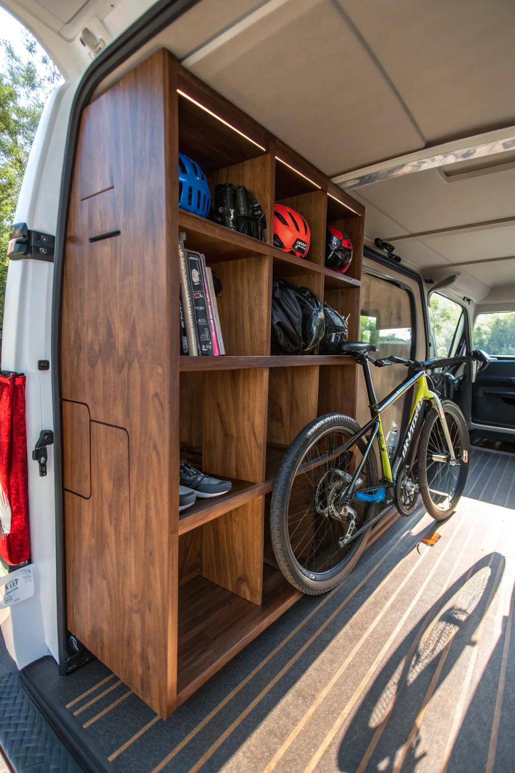 Elevate your van life with custom shelving—a perfect blend of style and function for every cycling enthusiast.