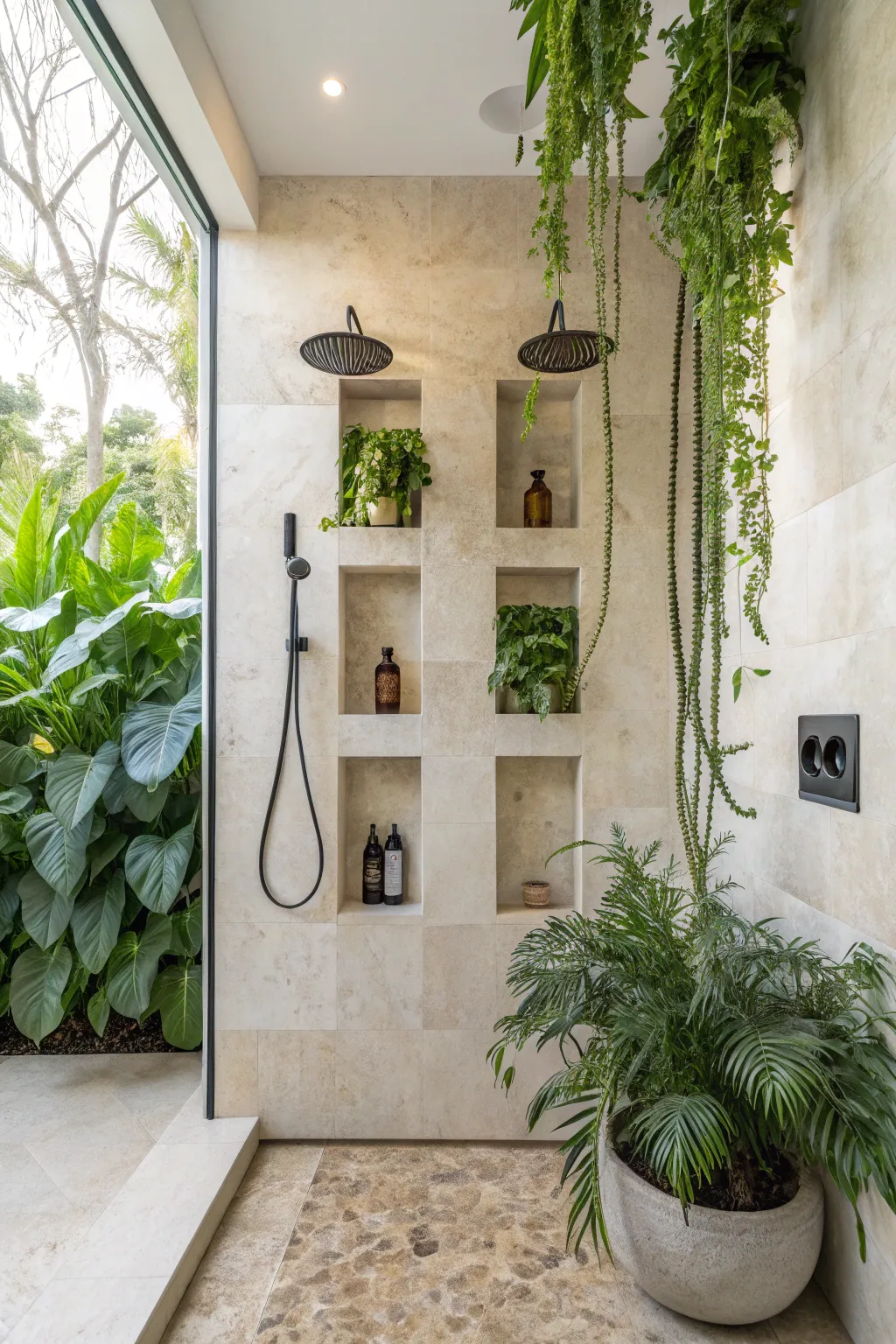 A double shower enhanced with decorative niches and lush greenery.