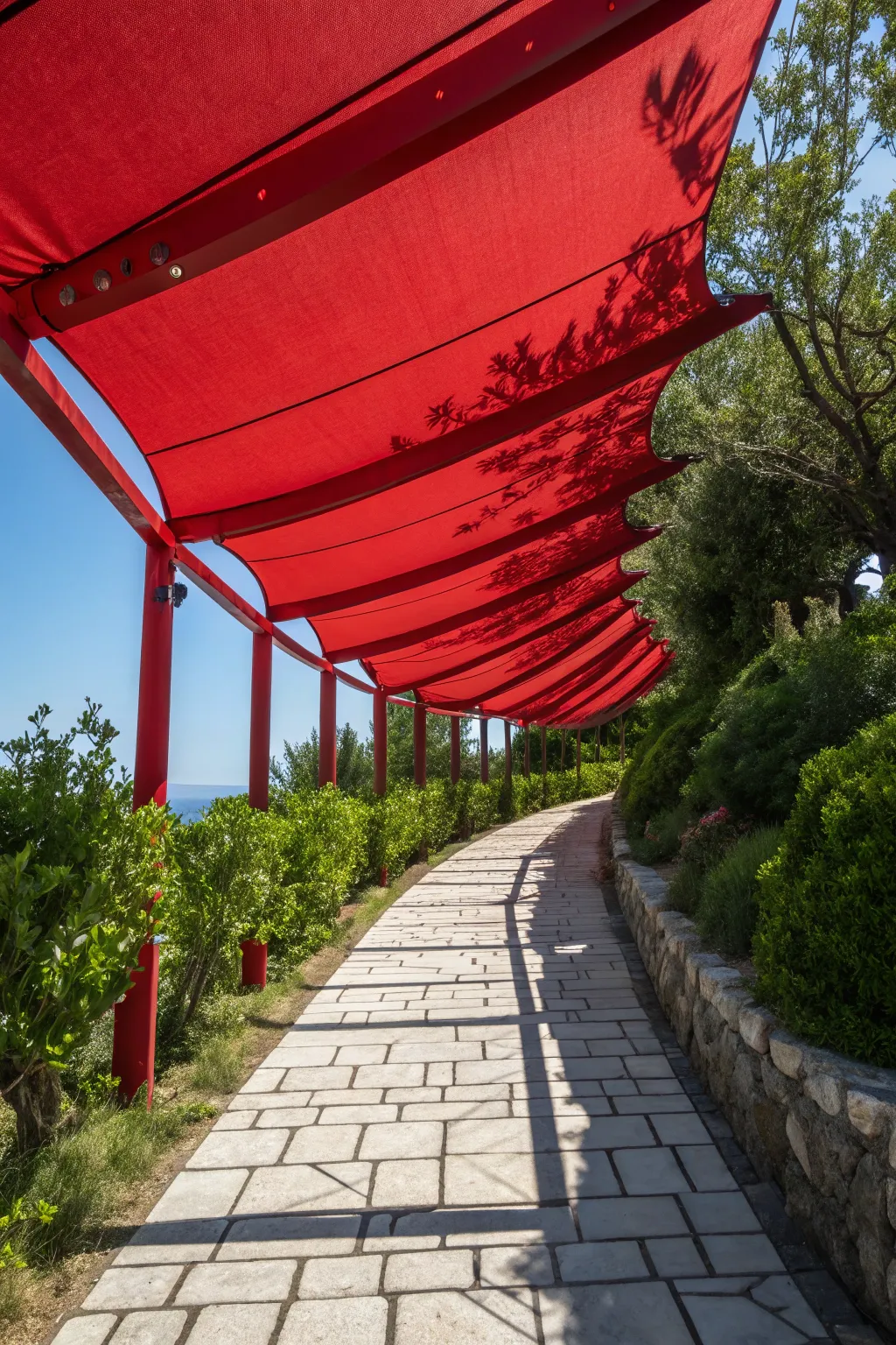 Transform your walkway with a bold red canopy that speaks of craftsmanship and personality.