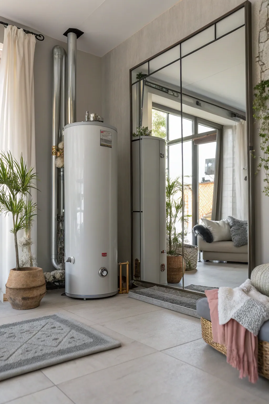 Mirrors not only hide unsightly water heaters but also expand and brighten your living space.