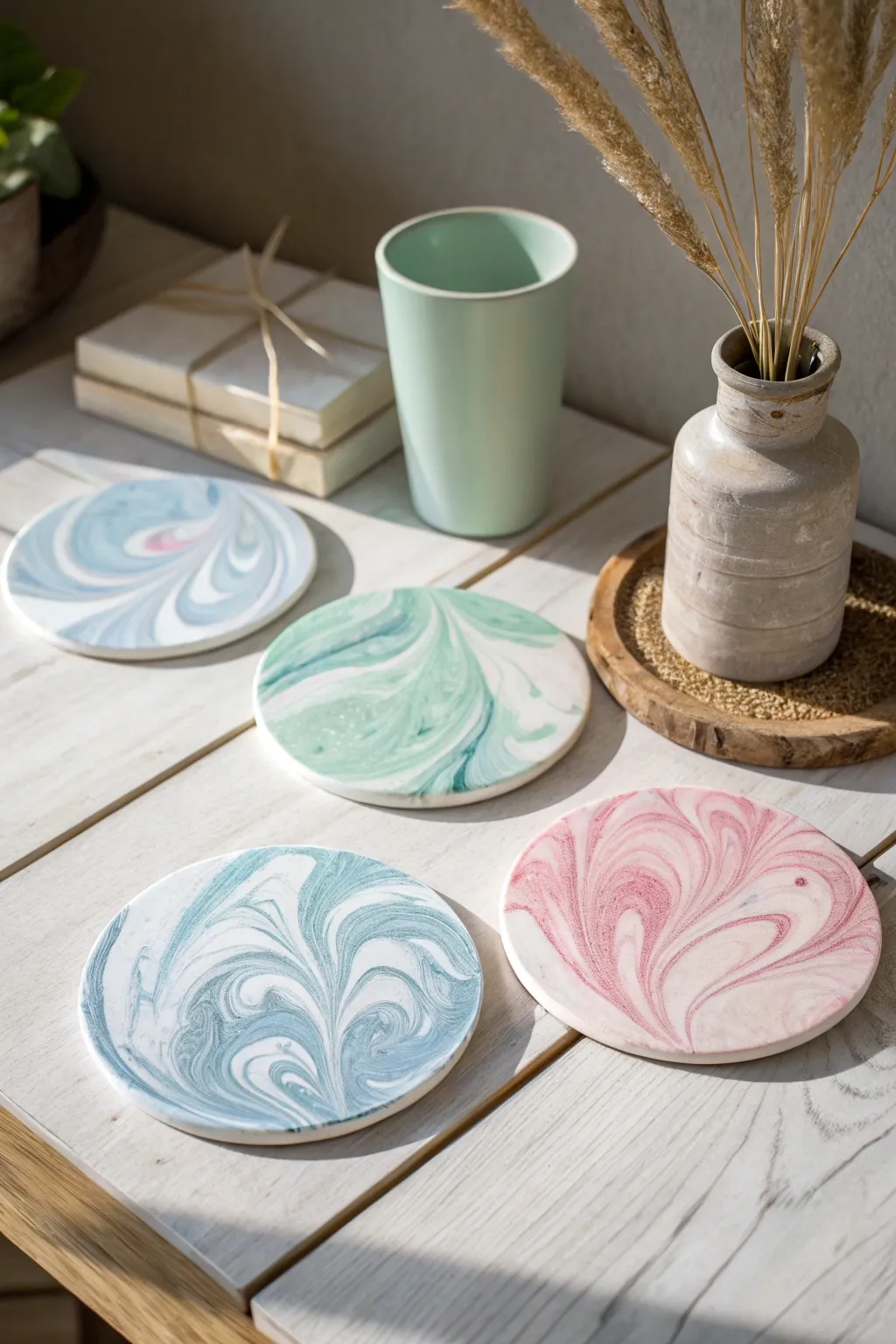 Add a splash of art to your table with these handcrafted watercolor coasters. #WatercolorCrafts #ScandiBoho