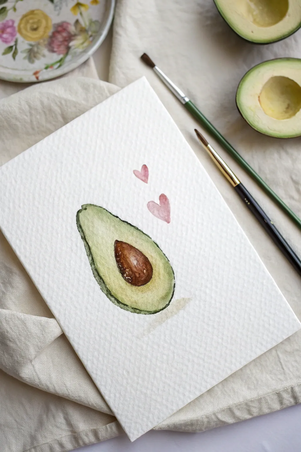 Embrace simplicity with a touch of whimsy in this 'Avocado Cuddle' watercolor card.