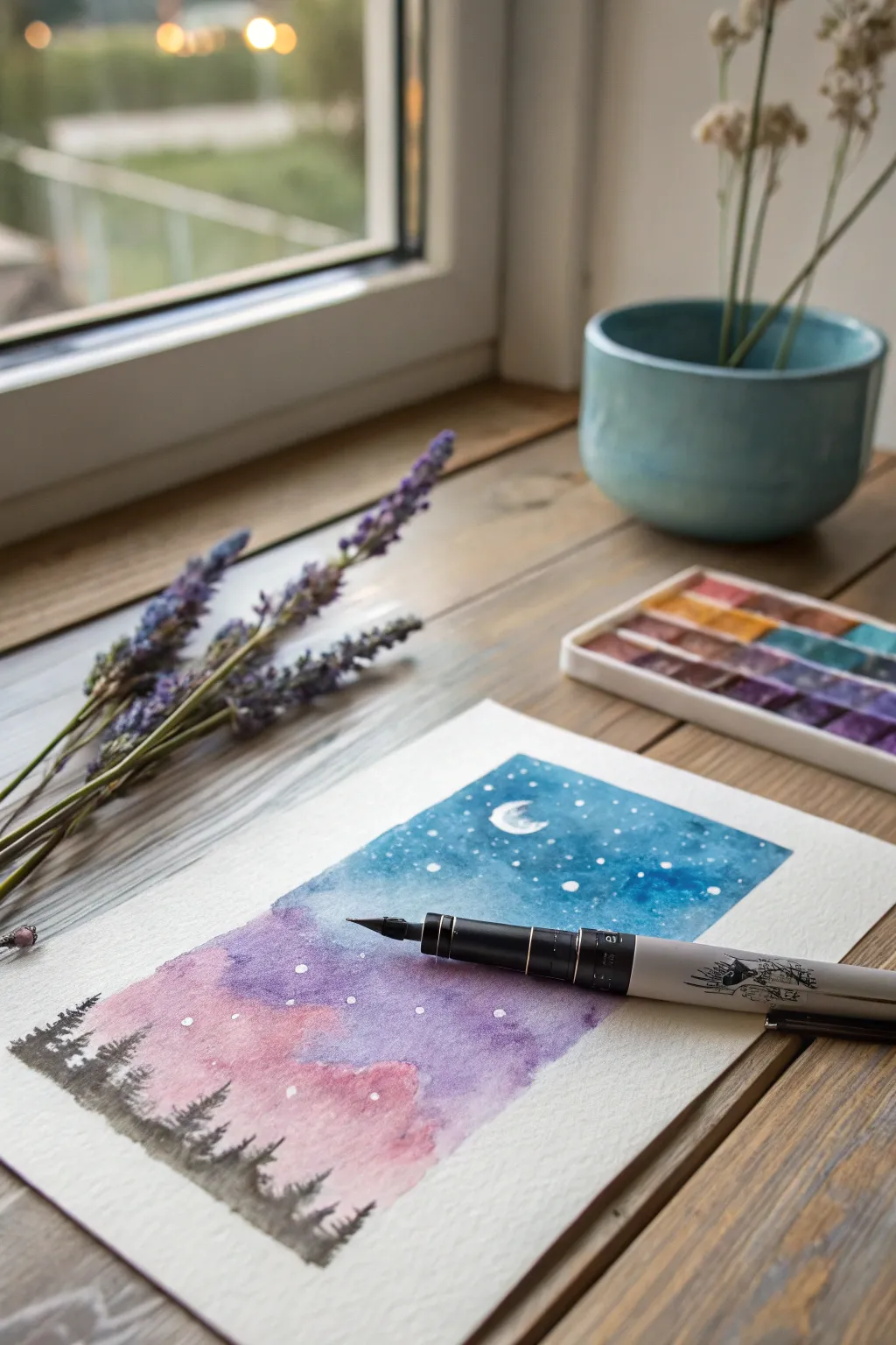 Unleash your creativity with celestial skies in watercolor. #ArtisticDreams #ScandinavianMinimalism