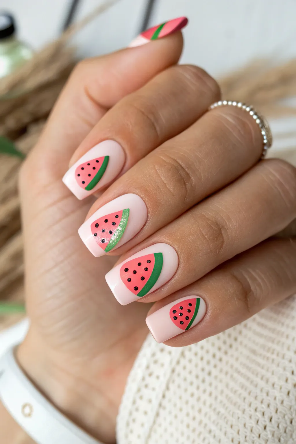 Elevate your nail game with playful 3D watermelon art – a chic blend of craftsmanship and minimalism.