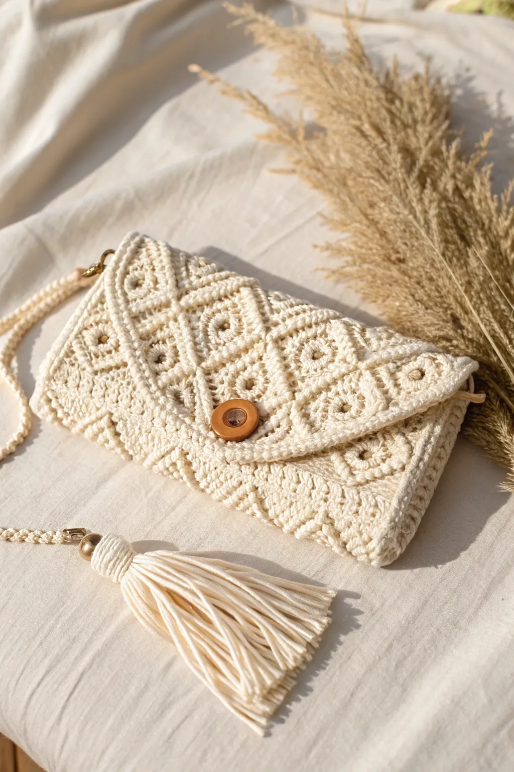 Elegance in every stitch: A crocheted bridal clutch that combines timeless beauty with modern simplicity.