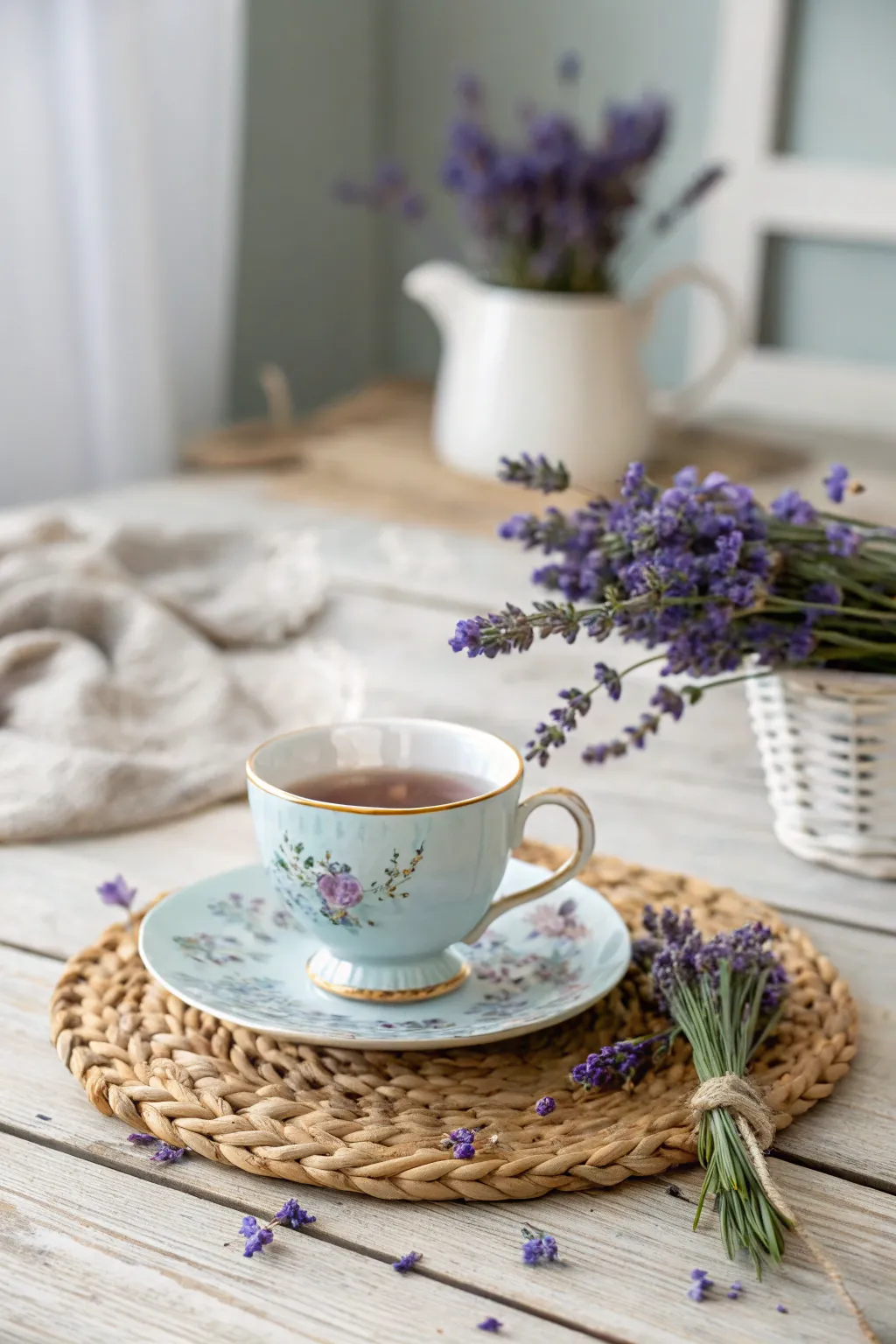 Unwind with a comforting cup of lavender tea in a serene, minimalist setting.