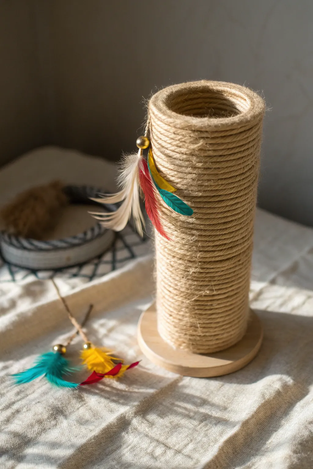 Crafted with love: A minimalist cat toy from an upcycled spool. Perfect for playful paws!