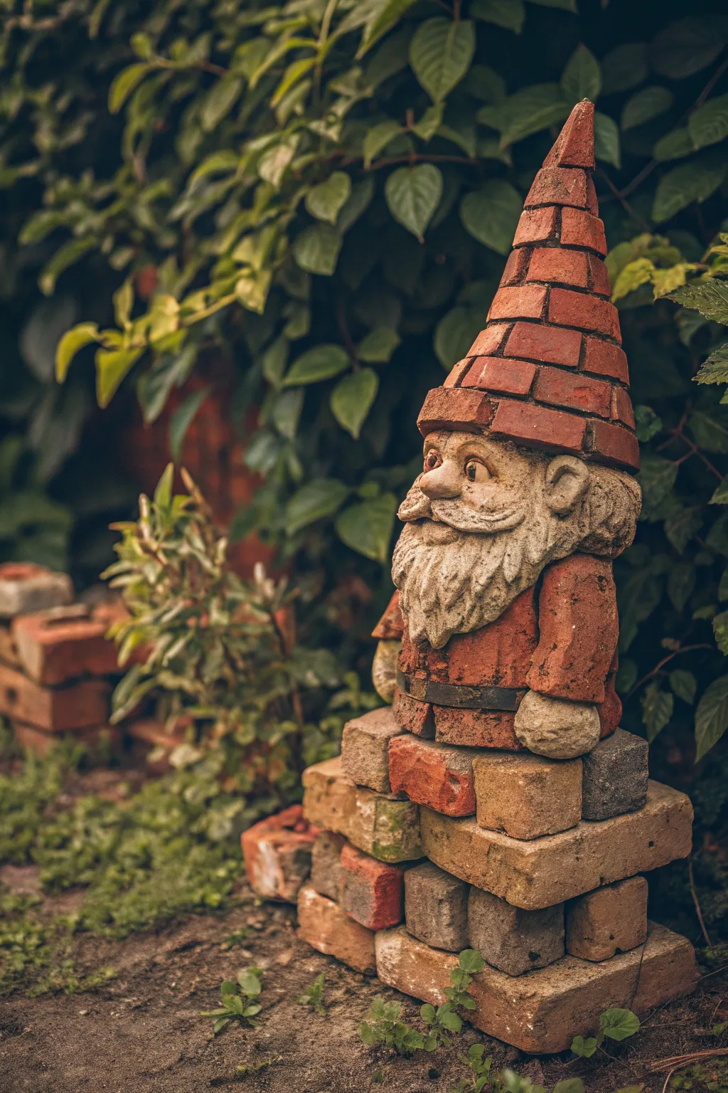 Transform old bricks into a masterpiece with this whimsical garden gnome sculpture. Embrace your creativity!