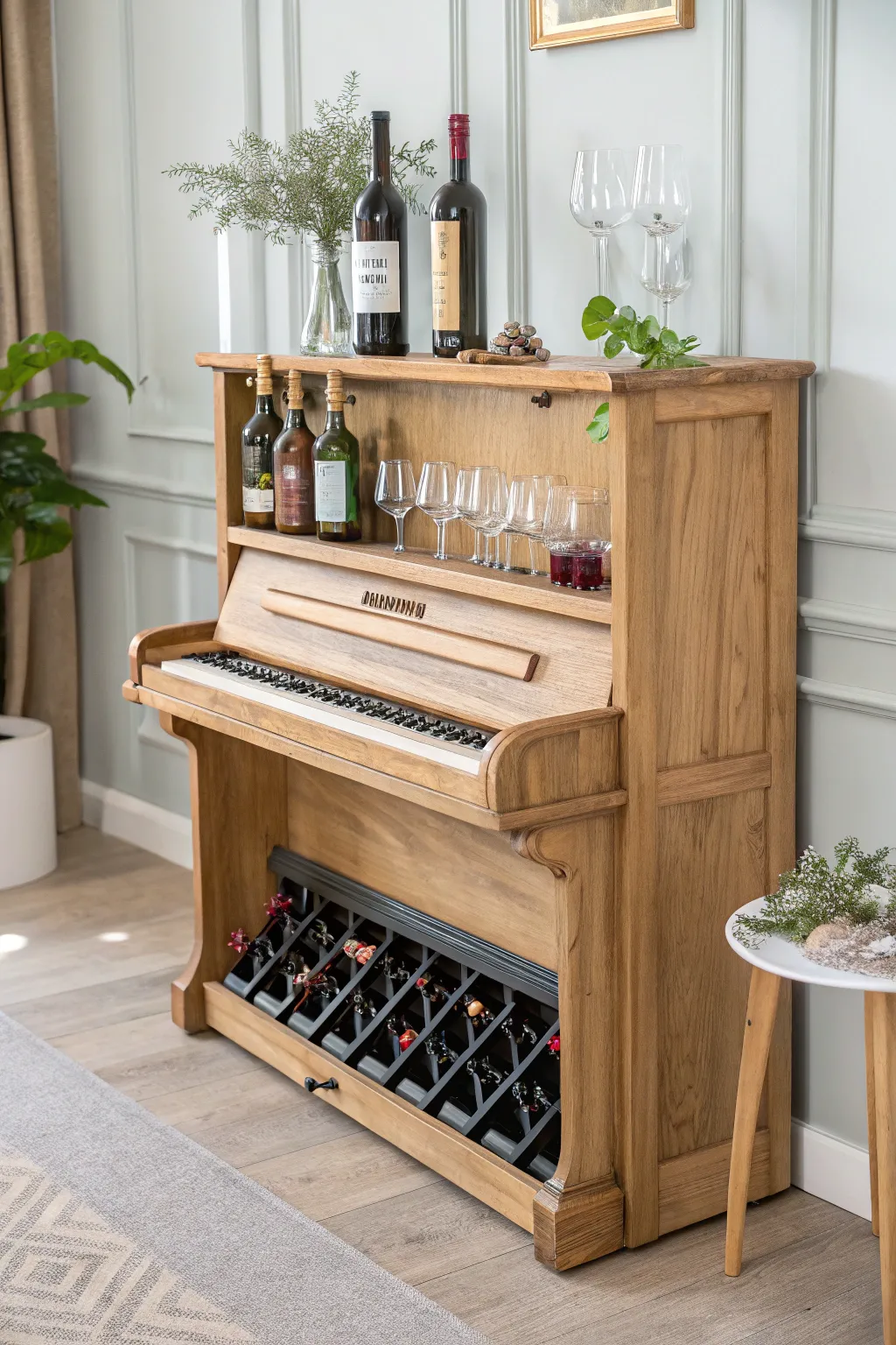 Transform elegance with a touch of creativity: Repurpose your piano into a chic wine rack.