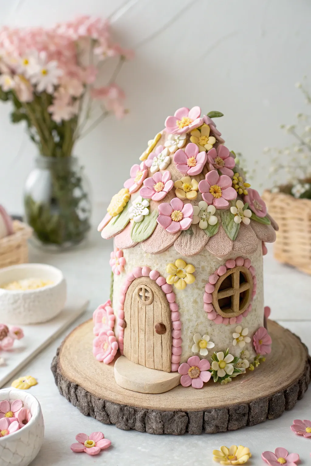 Step into a Floral Fantasy with this enchanting clay fairy house, where pastel blooms bring a touch of springtime magic to minimalist elegance.