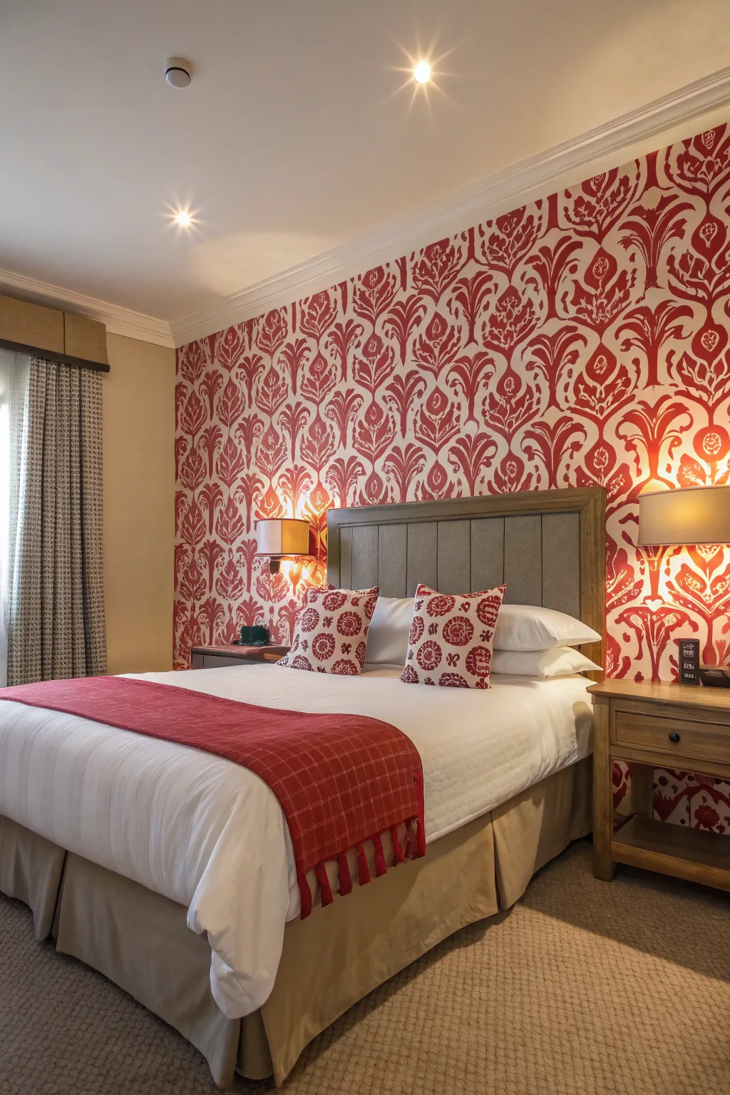 Red and white patterns add vibrancy and movement to this stylish bedroom.