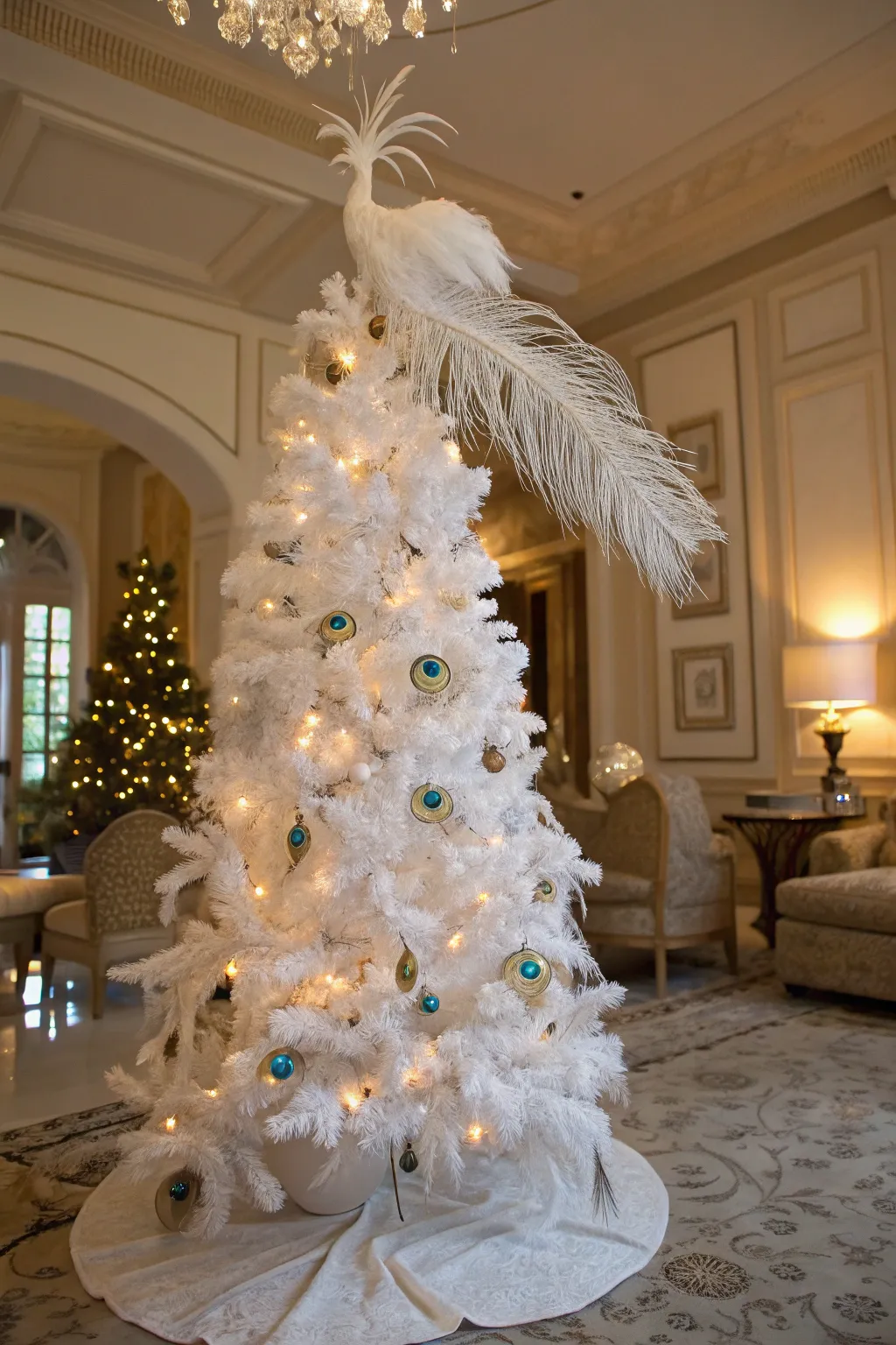 White peacock feathers create an exotic and elegant tree topper.