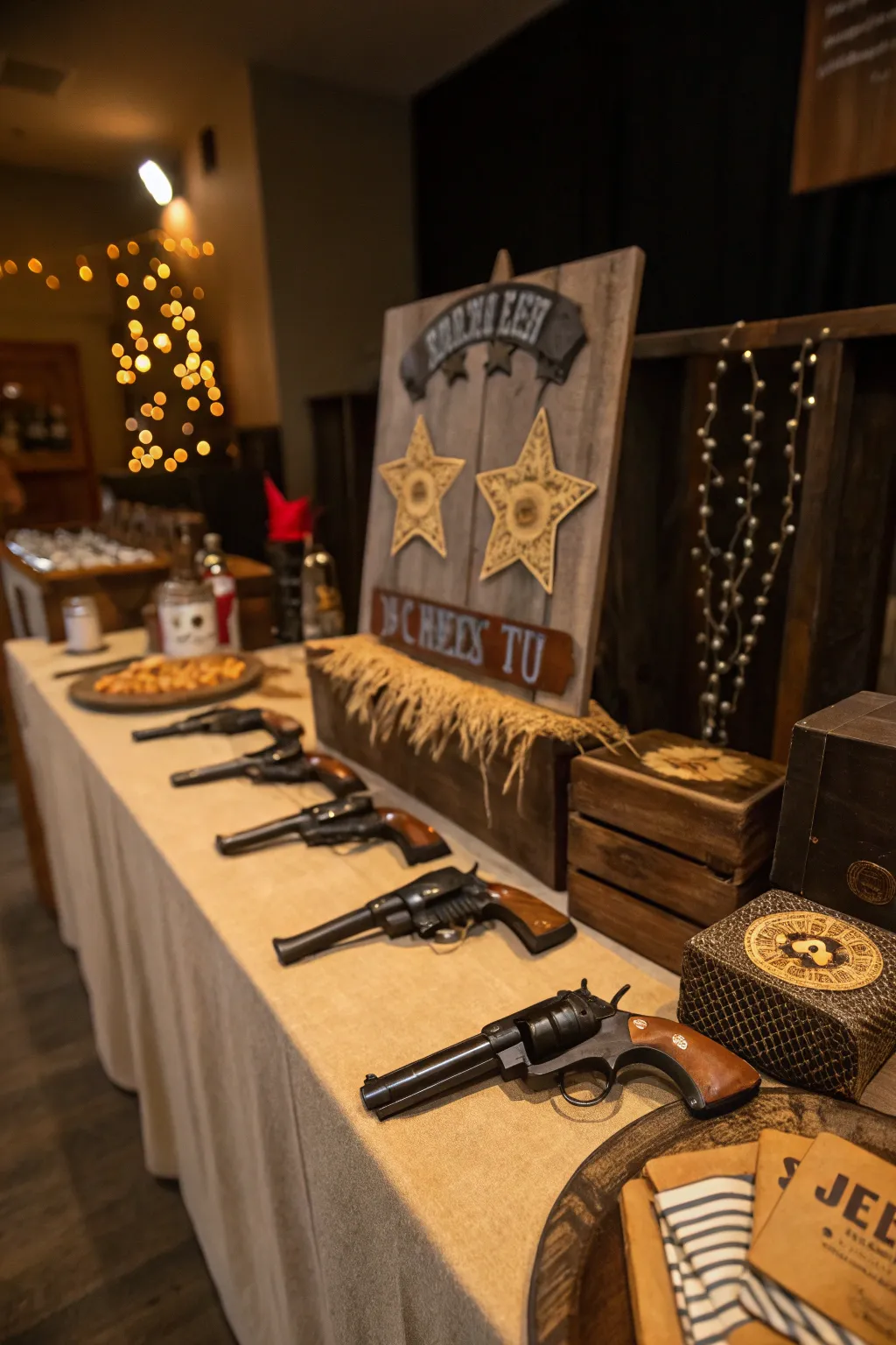 Toy pistols and badges invite guests to embrace their inner cowboy.