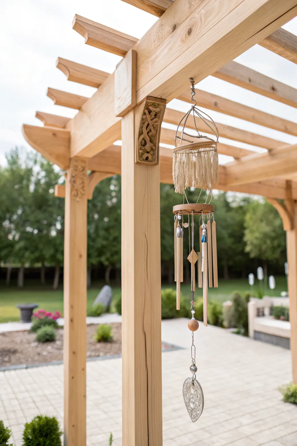 Transform your patio into a melodic paradise with pergola hangings that embrace minimalist elegance.