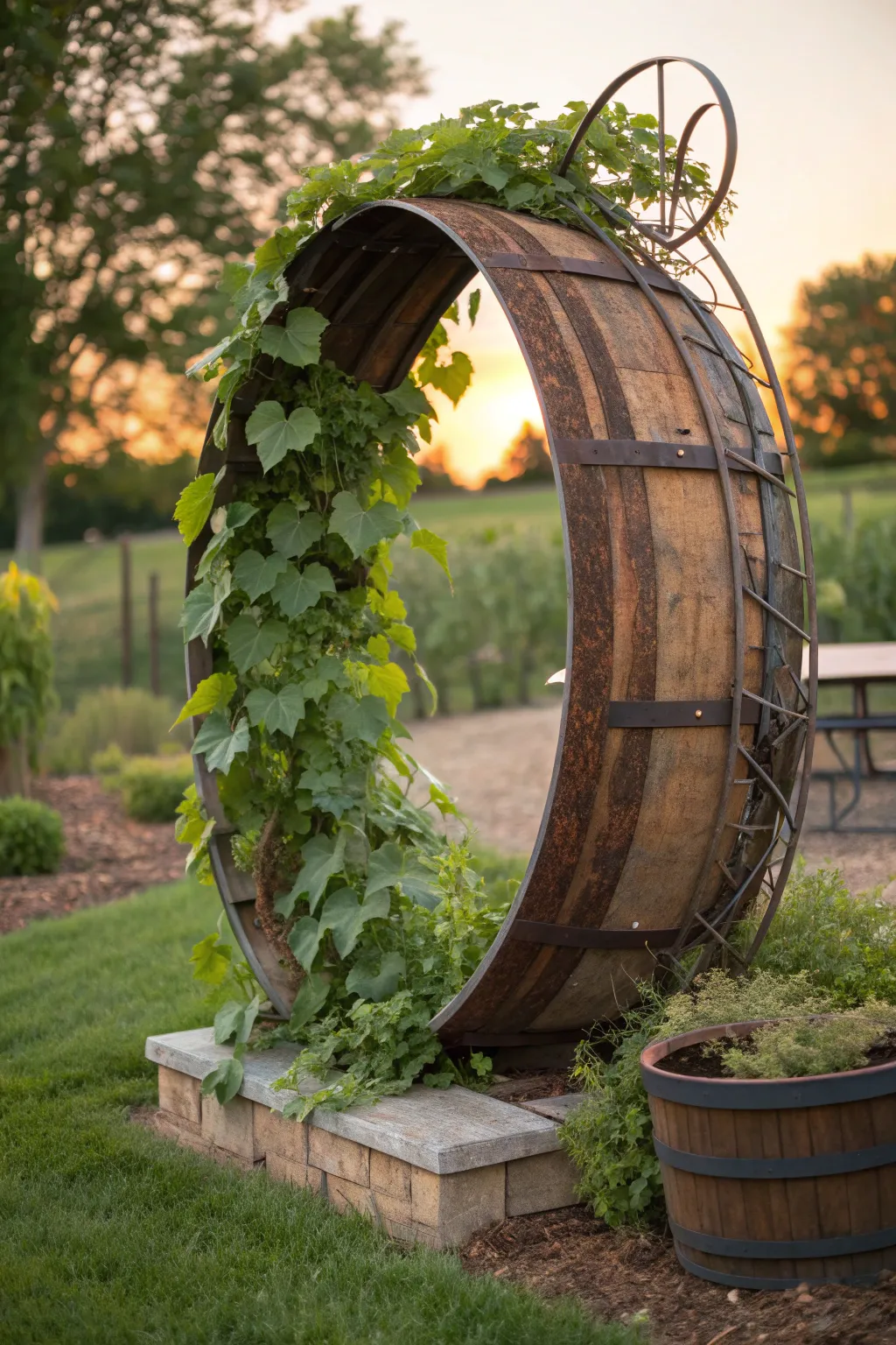Transform tradition into nature's artwork with this wine barrel ring trellis.